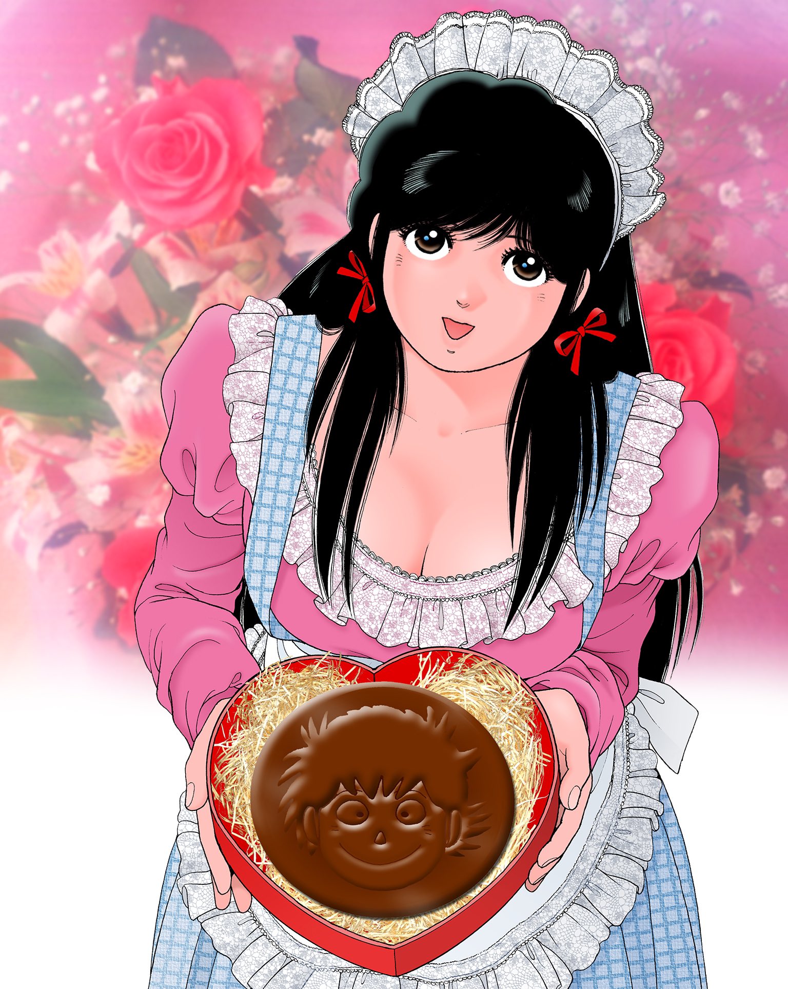 miura mitsuru, asaoka natsumi, the kabocha wine, commentary, highres, 1girl, aoba shunsuke, apron, black hair, blue skirt, box, breasts, brown eyes, character-themed food, chocolate, cleavage, cowboy shot, floral background, food, frilled apron, frills, hair ribbon, hay, heart-shaped box, holding, holding box, juliet sleeves, large breasts, long hair, long sleeves, looking at viewer, maid headdress, official artist extra, open mouth, pink shirt, pleated skirt, puffy sleeves, red ribbon, ribbon, rose background, scoop neck, shirt, skirt, smile, solo, standing, suspender skirt, suspenders, valentine, waist apron