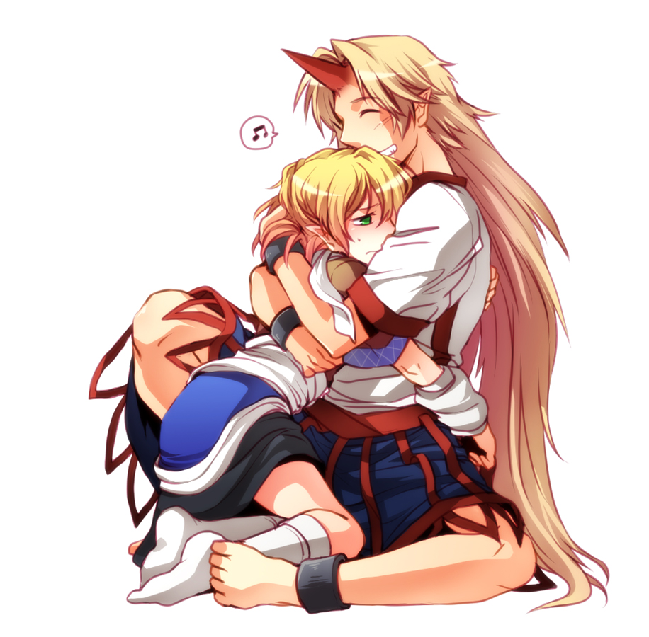 re ghotion, hoshiguma yuugi, mizuhashi parsee, touhou, 2girls, arm warmers, barefoot, blonde hair, bracelet, clenched teeth, closed eyes, embarrassed, feet, female focus, green eyes, grin, horns, hug, jewelry, kneehighs, long hair, multiple girls, musical note, pointy ears, red eyes, short hair, shy, single horn, sitting, smile, socks, teeth, very long hair, yuri