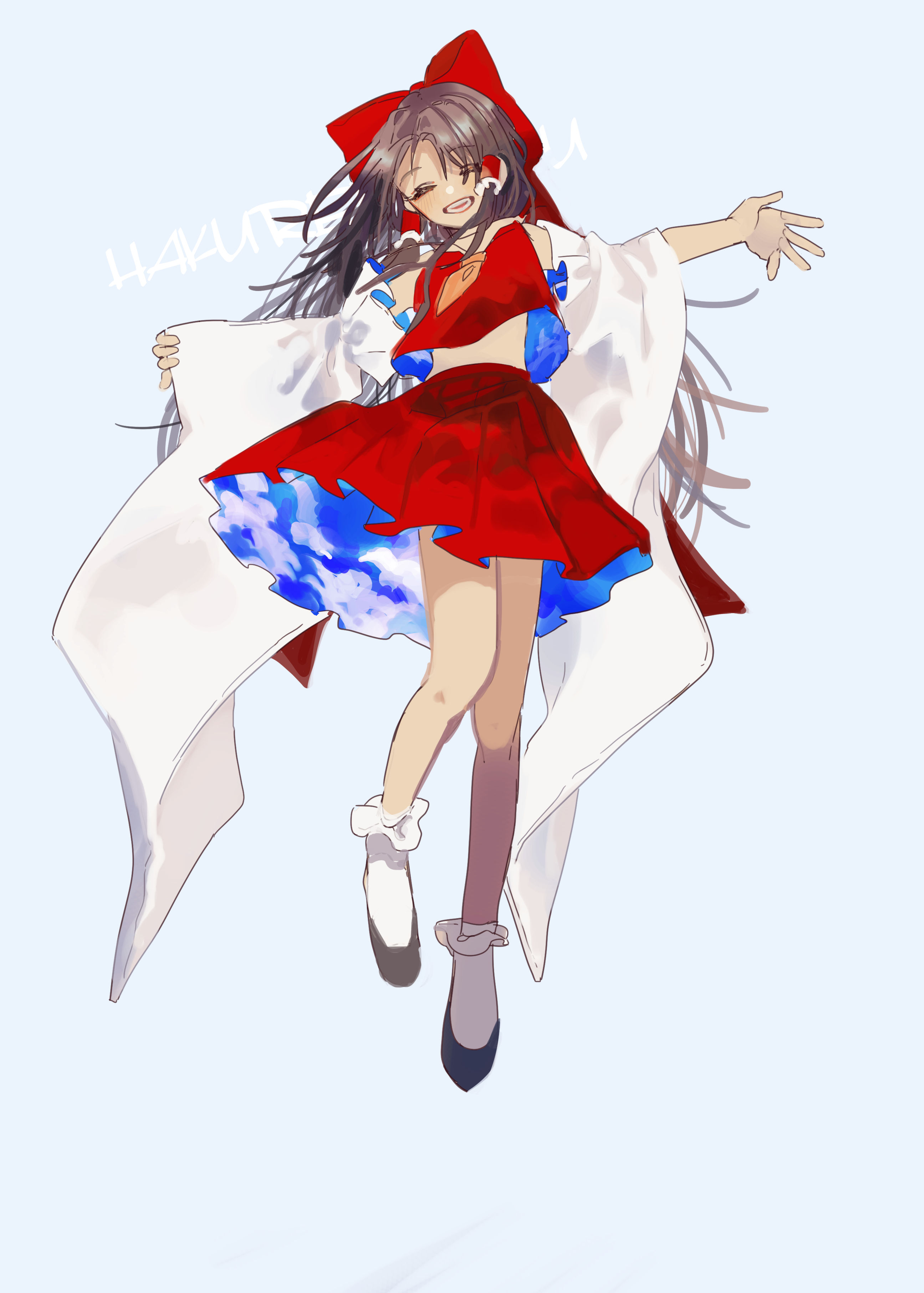 shi chimi, hakurei reimu, touhou, absurdres, commentary request, highres, 1girl, bare shoulders, black shoes, bow, brown hair, character name, closed eyes, detached sleeves, full body, hair tubes, long hair, midriff, parted lips, red bow, red shirt, red skirt, shirt, shoes, skirt, sleeveless, sleeveless shirt, smile, socks, solo, teeth, white socks