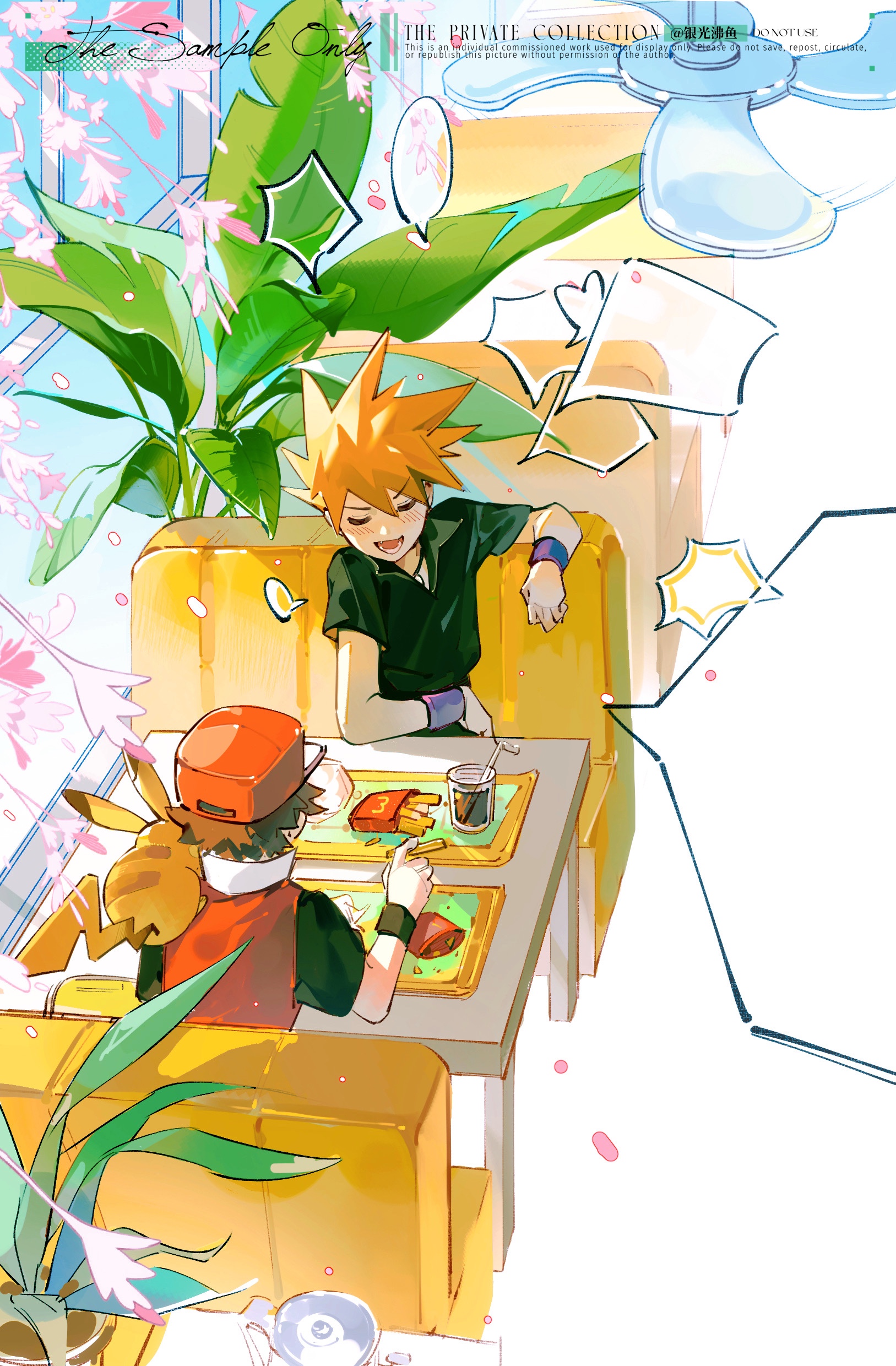 fiy1827565, blue oak, pikachu, red (pokemon), mcdonald's, pokemon, absurdres, highres, 2boys, baseball cap, black shirt, bracelet, brown hair, closed eyes, food, french fries, from above, gen 1 pokemon, hat, jewelry, male focus, multiple boys, on shoulder, open mouth, orange hair, plant, pokemon (creature), pokemon on shoulder, potted plant, red hat, red vest, restaurant, shirt, short hair, sitting, smile, speech bubble, spiked hair, t-shirt, table, teeth, vest, window