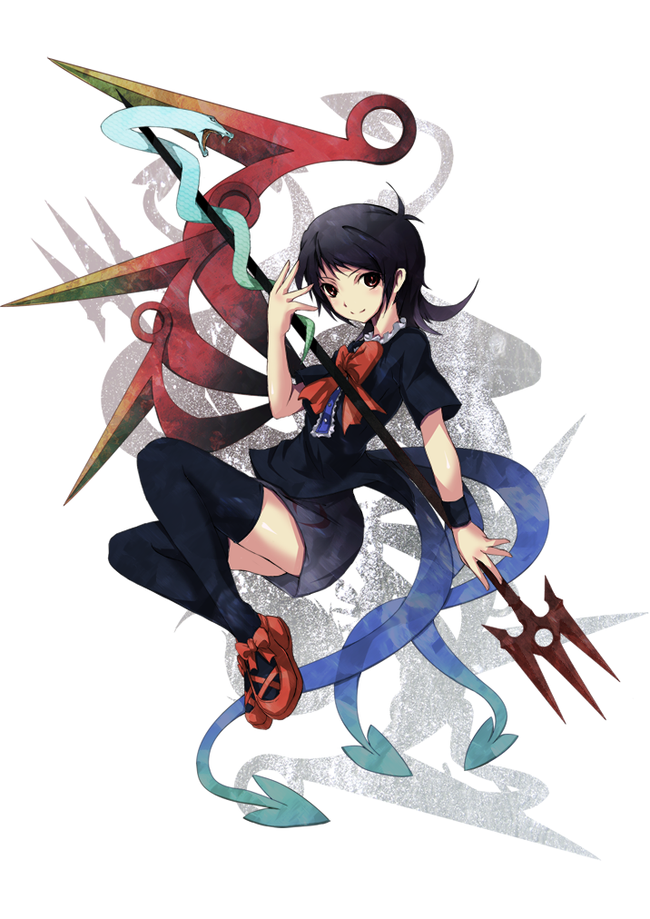 crost, houjuu nue, touhou, bad id, bad pixiv id, 1girl, black hair, black thighhighs, dress, female focus, polearm, red eyes, short hair, snake, solo, spear, thighhighs, trident, weapon, wings, zettai ryouiki