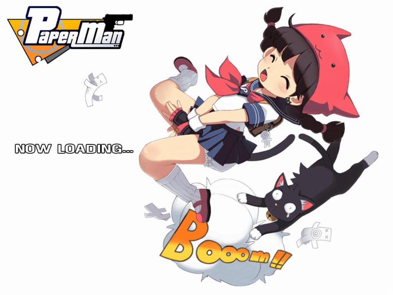 milly (paperman), paper man, animal ears, bloomers, braid, cat, cat ears, cat tail, child, closed eyes, fang, fingerless gloves, gloves, hat, school uniform, serafuku, solo, tail, twin braids, twintails, underwear