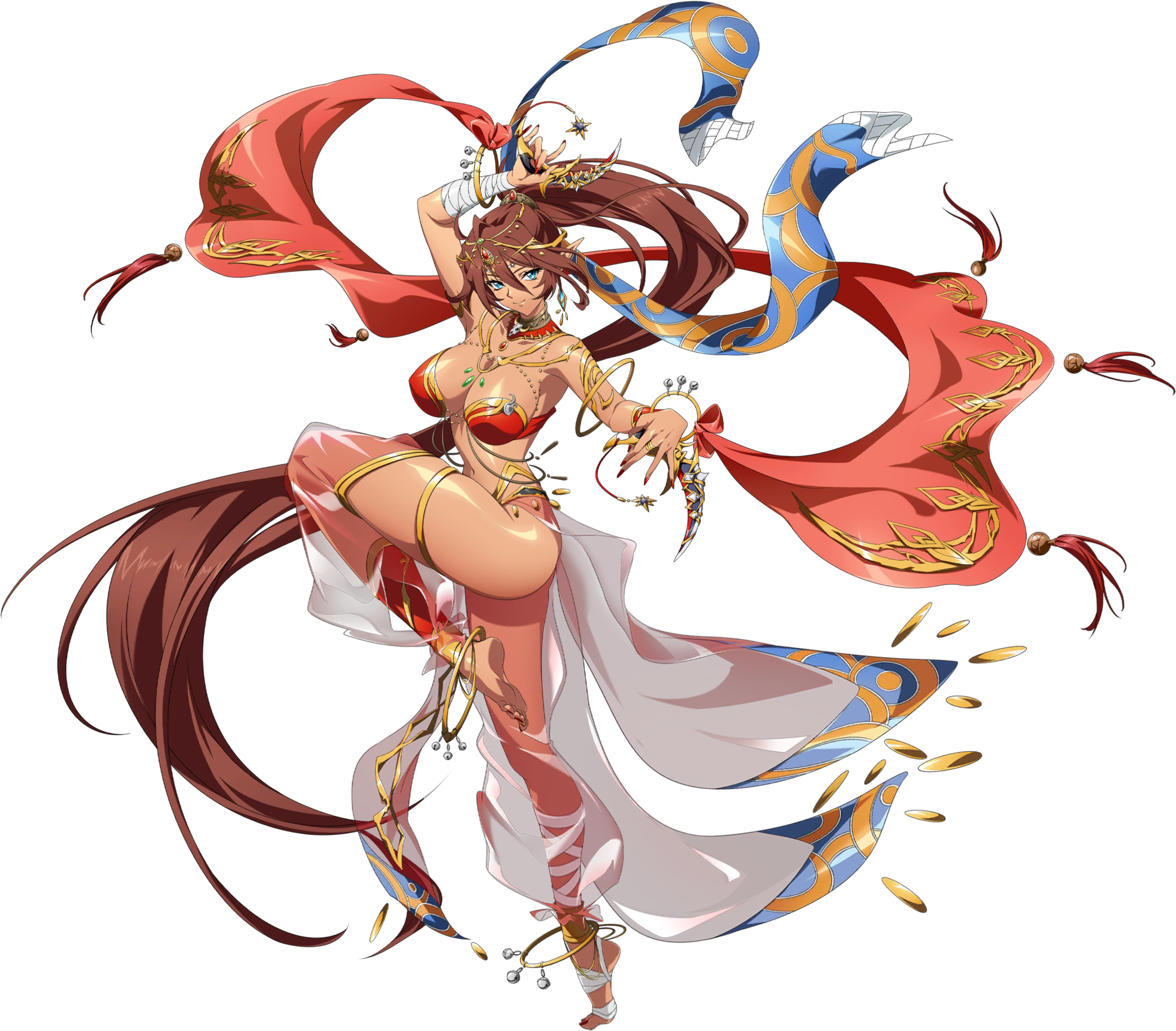 macaera (langrisser), langrisser, langrisser millenium ws, langrisser mobile, gold armlet, game cg, highres, official art, third-party source, 1girl, ankle bell, anklet, arabian clothes, armlet, armpits, ass, ass from side, bandaged arm, bandaged foot, bandaged leg, bandages, bare shoulders, barefoot, bell, blue eyes, boomerang, bra, bracelet, breasts, brown hair, circlet, cleavage, closed mouth, collarbone, dancer, dancing, dark-skinned female, dark skin, earrings, floating clothes, full body, gold, gold anklet, gold bracelet, gold circlet, hair between eyes, hair jewelry, harem outfit, harem pants, high ponytail, holding, holding boomerang, holding weapon, jewelry, large breasts, leg up, long hair, looking at viewer, navel, necklace, pants, pointy ears, ponytail, red bra, red nails, red shawl, revealing clothes, see-through clothes, see-through pants, see-through skirt, shawl, simple background, skirt, smile, solo, standing, standing on one leg, stomach, tachi-e, tassel, transparent background, underwear, very long hair, weapon, wrist bell