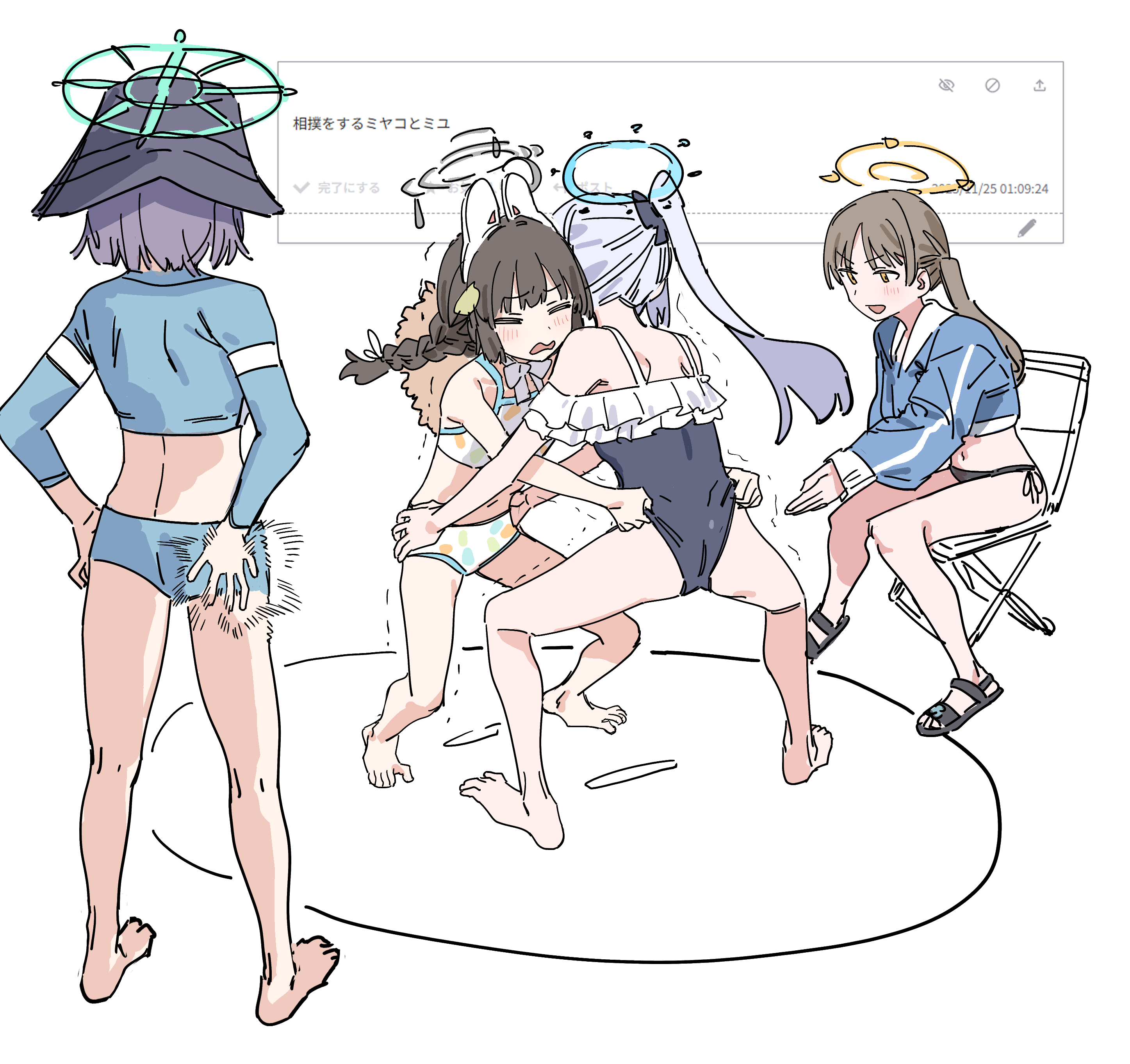 haruyuki (gffewuoutgblubh), miyako (blue archive), miyako (swimsuit) (blue archive), miyu (blue archive), miyu (swimsuit) (blue archive), moe (blue archive), moe (swimsuit) (blue archive), saki (blue archive), saki (swimsuit) (blue archive), blue archive, absurdres, highres, 4girls, ass, bikini, black hair, blue hair, boonie hat, brown hair, halo, long hair, medium hair, multiple girls, request inset, simple background, sumo, swimsuit, white background, white hair