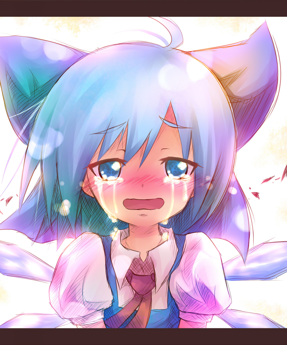 ayakashi (monkeypanch), cirno, embodiment of scarlet devil, touhou, eyebrows, bad id, bad pixiv id, highres, 1girl, ahoge, blue eyes, blue hair, blush, bow, crying, crying with eyes open, female focus, hair bow, ice, letterboxed, matching hair/eyes, ribbon, short hair, solo, tears, wings