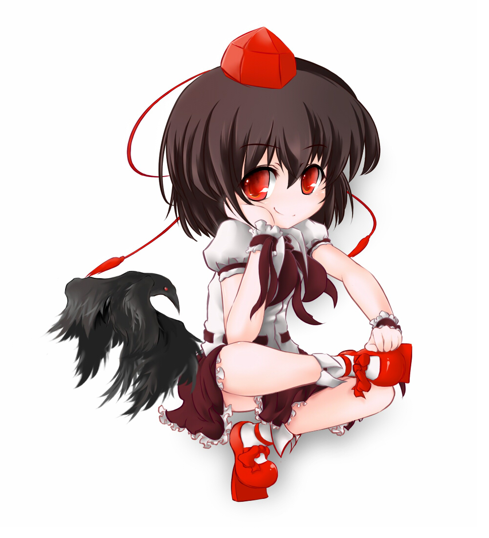 moritomoetomomi, shameimaru aya, touhou, bad id, bad pixiv id, 1girl, bird, brown hair, crow, female focus, geta, hat, looking at viewer, red eyes, short hair, simple background, smile, solo, tengu-geta, tokin hat, wrist cuffs