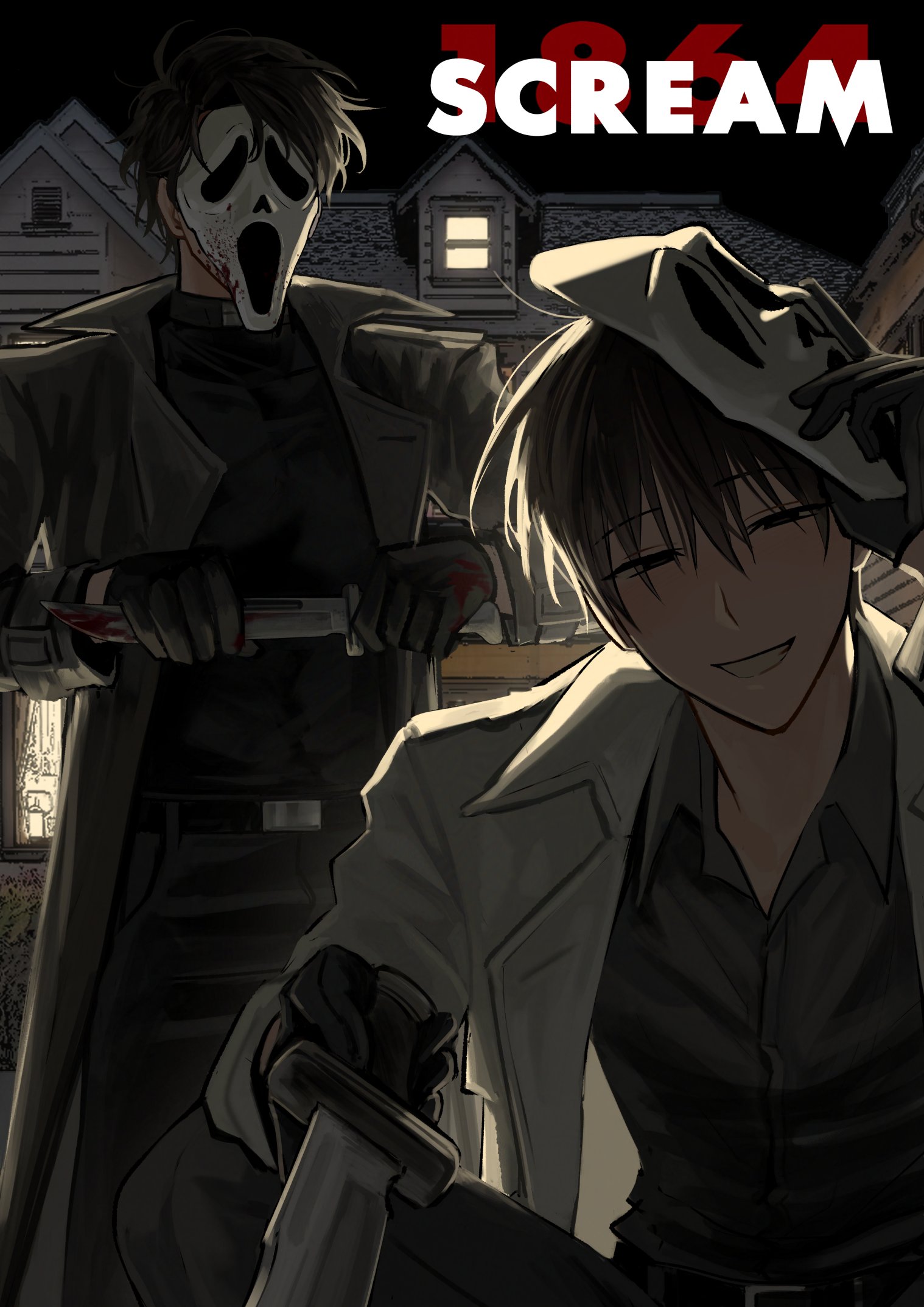 keomikan, ghostface, kim dokja, yoo joonghyuk, omniscient reader's viewpoint, scream (movie), commentary, english commentary, highres, 2boys, backlighting, black coat, black gloves, black hair, black shirt, blood, blood on clothes, blood on mask, bloody knife, building, coat, collared shirt, copyright name, cosplay, ghostface (cosplay), gloves, grin, holding, holding knife, holding mask, house, knife, looking at viewer, male focus, mask, multiple boys, open clothes, open coat, outdoors, popped collar, shirt, short hair, smile, squatting, white coat