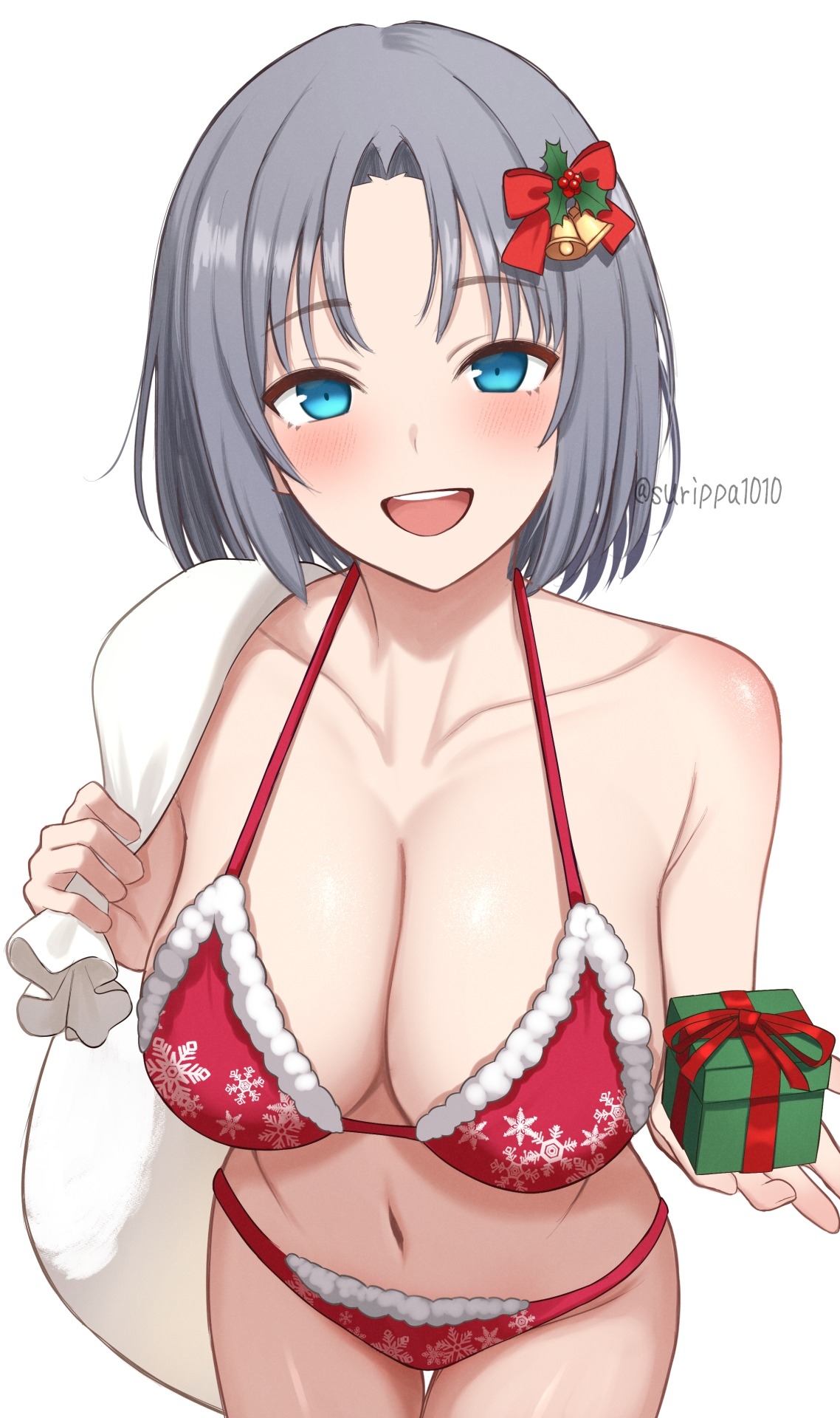 surippa1010, yumi (senran kagura), senran kagura, commentary request, highres, paid reward available, 1girl, :d, bikini, blue eyes, blush, breasts, cleavage, fur-trimmed bikini, fur trim, gift, grey hair, holding, holding sack, incoming gift, large breasts, looking at viewer, navel, open mouth, red bikini, sack, santa bikini, santa costume, smile, solo, swimsuit
