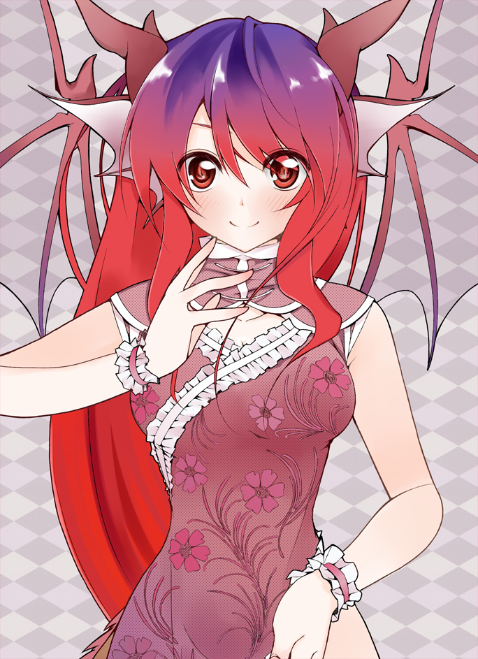 suzume miku, original, bad id, bad pixiv id, 1girl, animal ears, china dress, chinese clothes, dragon ears, dragon girl, dragon wings, dress, female focus, fins, gradient hair, head fins, horns, long hair, monster girl, multicolored hair, red eyes, solo, wings, wrist cuffs