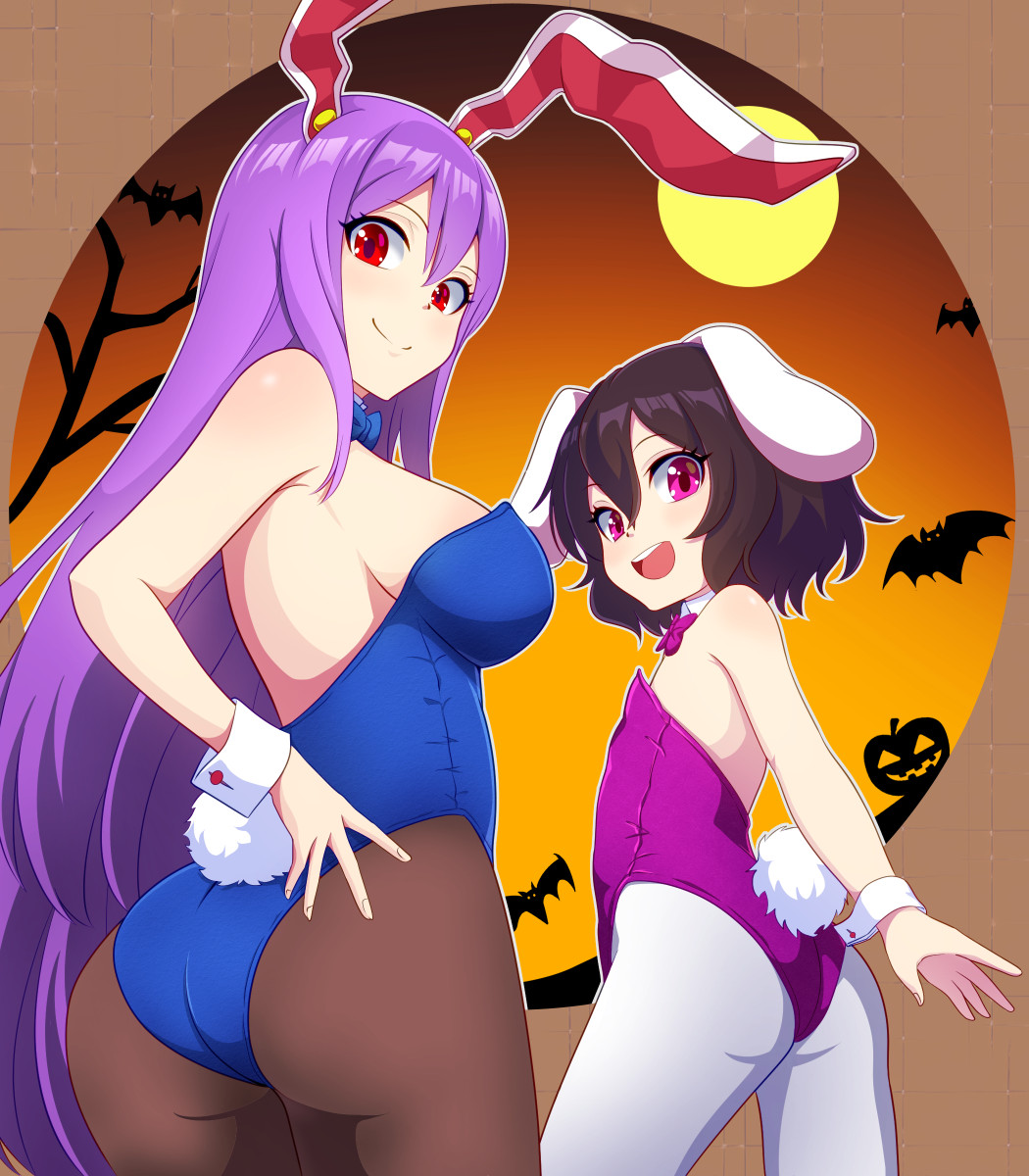 kisaragi koushi, inaba tewi, reisen udongein inaba, touhou, duplicate, highres, pixel-perfect duplicate, 2girls, animal ears, ass, bare shoulders, bat (animal), black hair, blue bow, blue bowtie, blue leotard, bow, bowtie, breasts, brown pantyhose, detached sleeves, fake tail, halloween, jack-o'-lantern, leotard, long hair, looking at viewer, looking back, moon, multiple girls, pantyhose, pink bow, pink bowtie, pink eyes, pink leotard, playboy bunny, purple hair, rabbit ears, rabbit tail, red eyes, short hair, strapless, strapless leotard, tail, white pantyhose, wrist cuffs