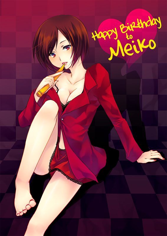 shinia, meiko (vocaloid), vocaloid, 1girl, bare legs, barefoot, bra, breasts, brown hair, cleavage, feet, female focus, lingerie, nail polish, open clothes, open shirt, red eyes, red nails, shirt, solo, toenail polish, toenails, toes, underwear