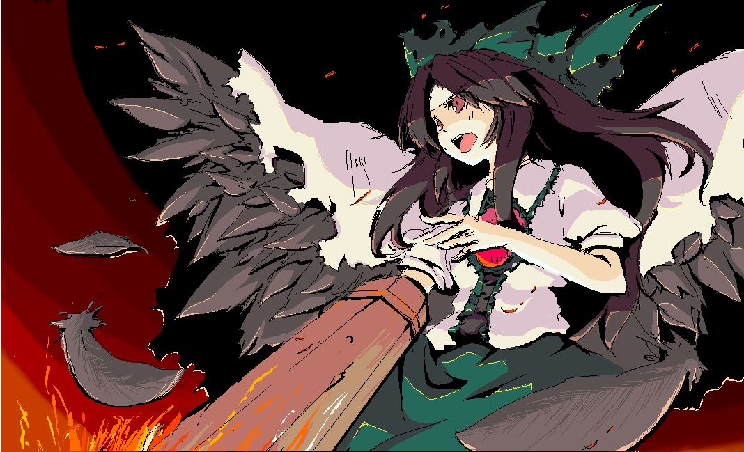 colt (tetsuya), reiuji utsuho, touhou, 1girl, black hair, bow, female focus, hair bow, long hair, oekaki, red eyes, solo, wings