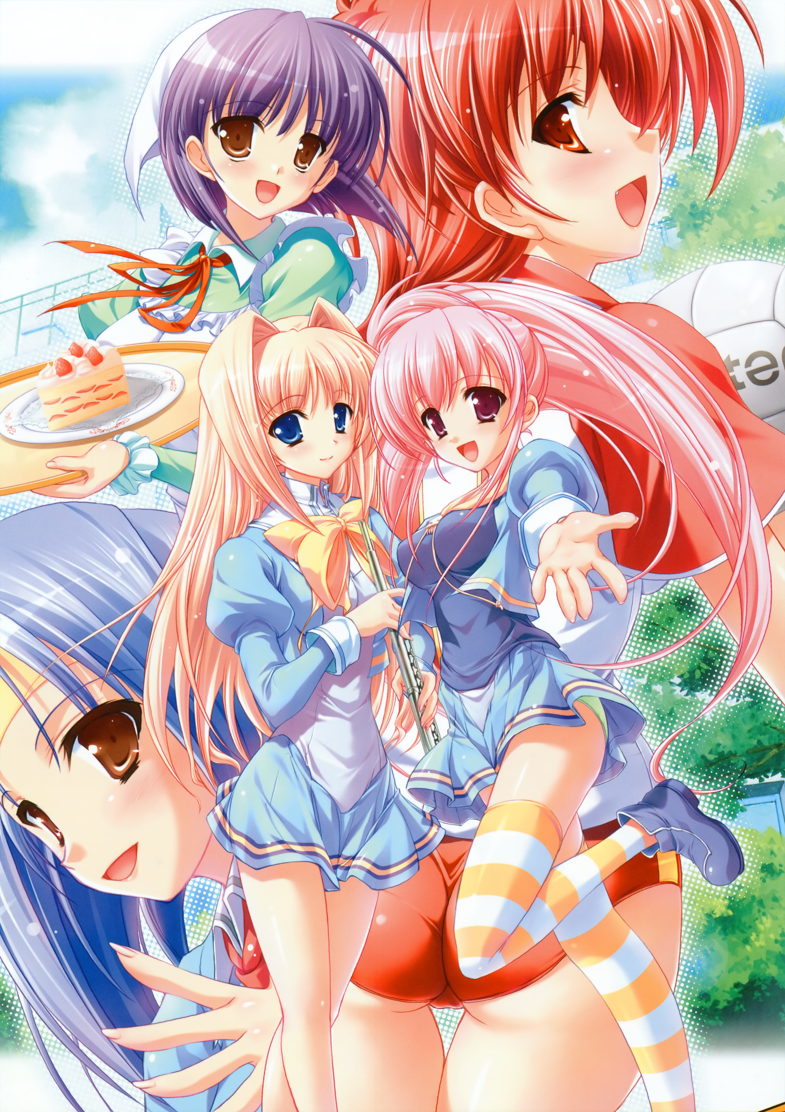 misakura nankotsu, hozumi kotoho, hozumi yuuho, kakedori tsubasa, masago mizue, takiguchi shizuru, bukatsu kikaku, striped legwear, absurdres, highres, huge filesize, 5girls, ass, cake, fang, food, gym uniform, multiple girls, open mouth, panties, pantyshot, school uniform, shoes, striped clothes, striped thighhighs, thighhighs, tray, underwear, waitress