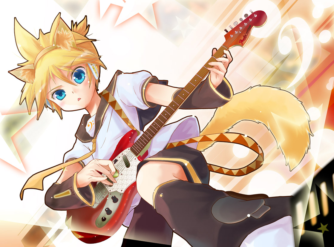 porurin (do-desho), kagamine len, vocaloid, 1boy, animal ears, blonde hair, blue eyes, guitar, headphones, instrument, male focus, mustang (guitar), necktie, short hair, shorts, solo, tail, yellow necktie