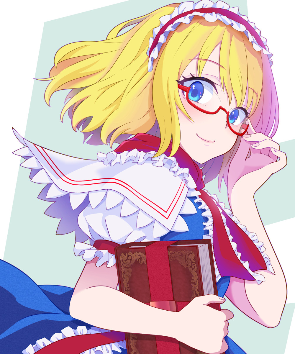 kisaragi koushi, alice margatroid, touhou, commentary request, duplicate, highres, pixel-perfect duplicate, 1girl, adjusting eyewear, bespectacled, blue dress, blue eyes, blush, book, capelet, dress, glasses, hairband, holding, holding book, lolita hairband, looking at viewer, looking back, medium hair, necktie, puffy short sleeves, puffy sleeves, red-framed eyewear, red hairband, red necktie, semi-rimless eyewear, short sleeves, smile, solo, upper body, wavy hair, white capelet, wind