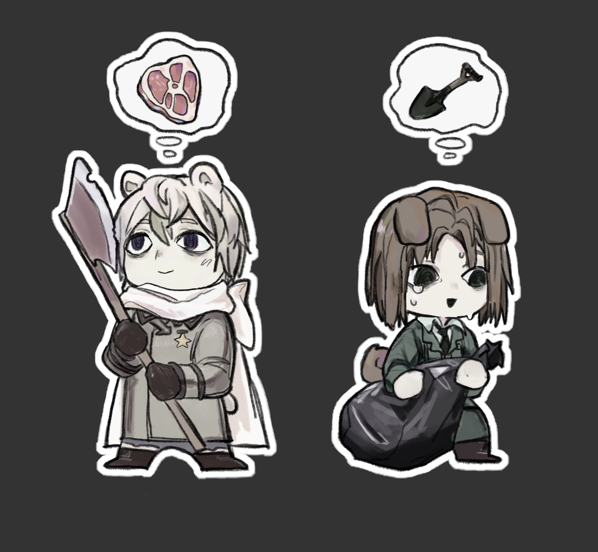 lithuania (hetalia), russia (hetalia), axis powers hetalia, highres, 2boys, animal ears, arrow (symbol), axe, bag, bear ears, bear tail, black boots, black eyes, black gloves, boots, breast pocket, brown boots, brown hair, chibi, chibi only, closed mouth, coat, collared coat, collared shirt, dog ears, dog tail, empty eyes, food, full body, gloves, green jacket, green necktie, green pants, grey background, grey coat, grey pants, hair between eyes, hands up, holding, holding axe, holding bag, jacket, kemonomimi mode, kiguchi05, lapels, long sleeves, looking afar, looking up, male focus, meat, medal, military, military jacket, military uniform, multiple boys, necktie, open mouth, pale skin, pants, pocket, purple eyes, scarf, shirt, short hair, shovel, simple background, smile, speech bubble, standing, star ornament, sweat, tail, thought bubble, trash bag, white hair, white scarf, white shirt