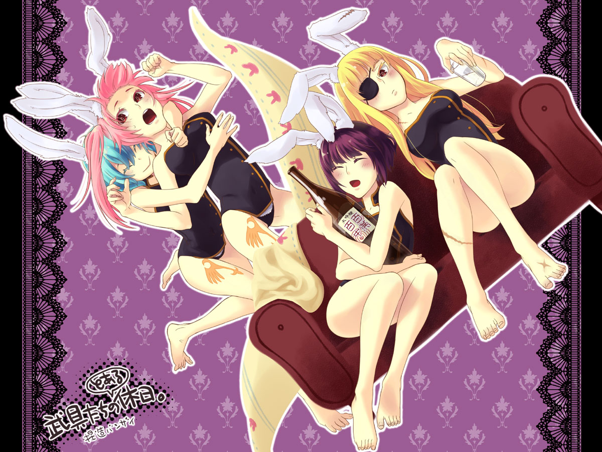 sb66, chiester00, chiester410, chiester45, chiester556, chiester sisters, umineko no naku koro ni, 00s, 4girls, animal ears, barefoot, closed eyes, couch, eyepatch, feet, glass, hug, hug from behind, hugging object, multiple girls, open mouth, rabbit ears, scar, sitting