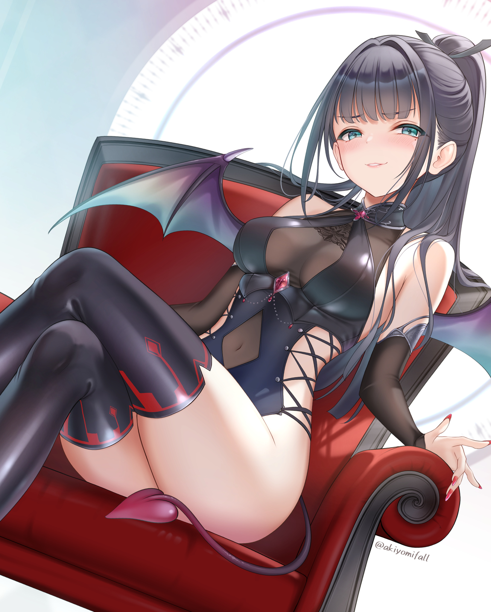 akiyomi, amaya tsubame, gakuen idolmaster, idolmaster, highres, 1girl, aqua eyes, armchair, bare shoulders, black hair, black leotard, black thighhighs, blush, breasts, chair, covered navel, cross-laced clothes, cross-laced leotard, crossed legs, demon girl, demon tail, demon wings, detached sleeves, dutch angle, feet out of frame, leotard, long hair, long sleeves, looking at viewer, medium breasts, mole, mole under eye, nail polish, parted lips, ponytail, red nails, sitting, solo, tail, thighhighs, v-shaped eyebrows, wings