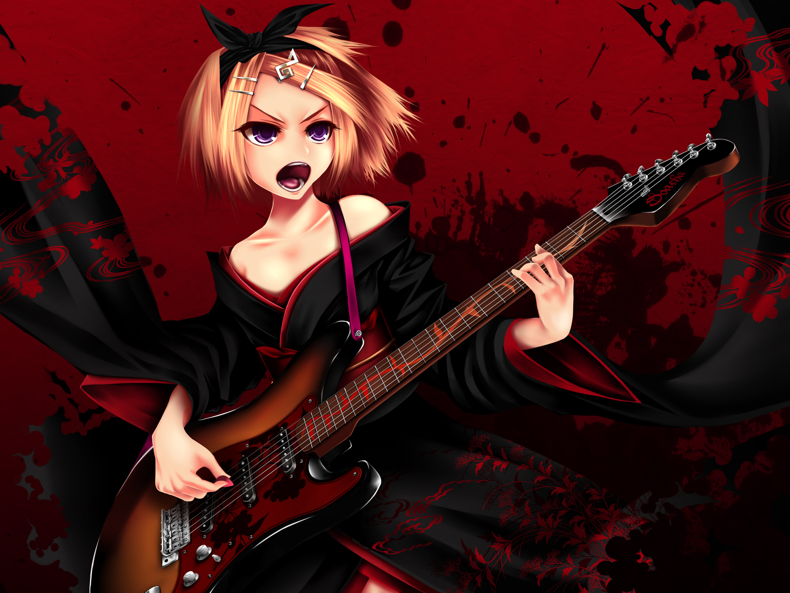 tamajam, kagamine rin, tengaku (vocaloid), vocaloid, highres, md5 mismatch, 1girl, bare shoulders, blonde hair, electric guitar, female focus, guitar, hair ornament, hair ribbon, hairclip, instrument, japanese clothes, kimono, open mouth, purple eyes, ribbon, short hair, solo