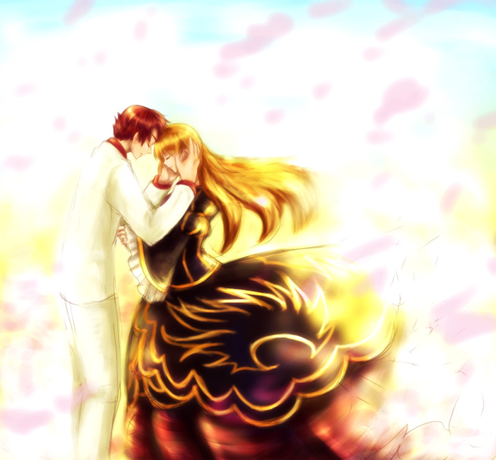 uka (color noise), beatrice (umineko), ushiromiya battler, umineko no naku koro ni, bad id, bad pixiv id, 00s, alternate hairstyle, blonde hair, closed eyes, dress, frills, long hair