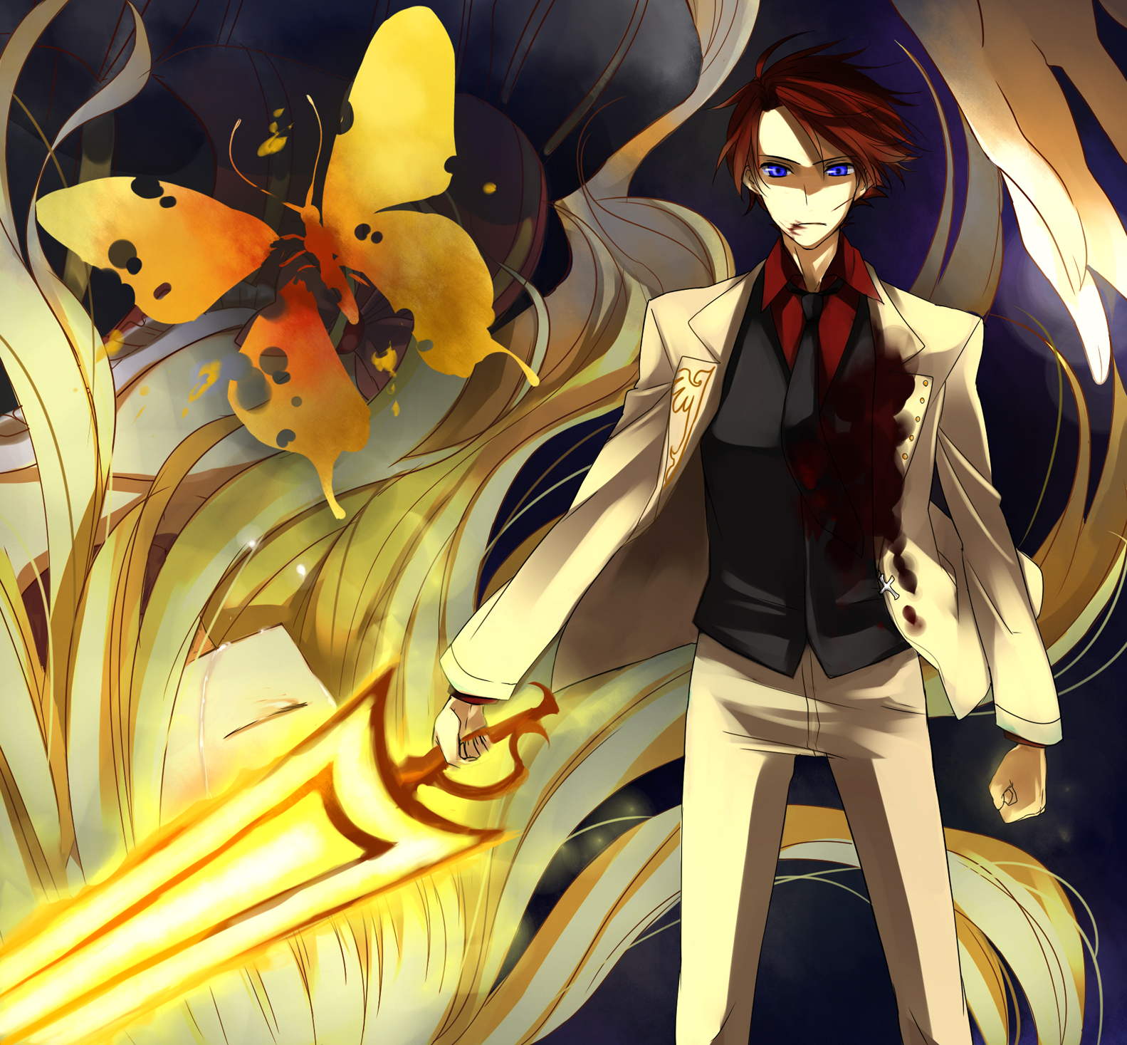 nanamura, beatrice (umineko), ushiromiya battler, umineko no naku koro ni, highres, 00s, blood, blue eyes, red hair, sword, tears, weapon