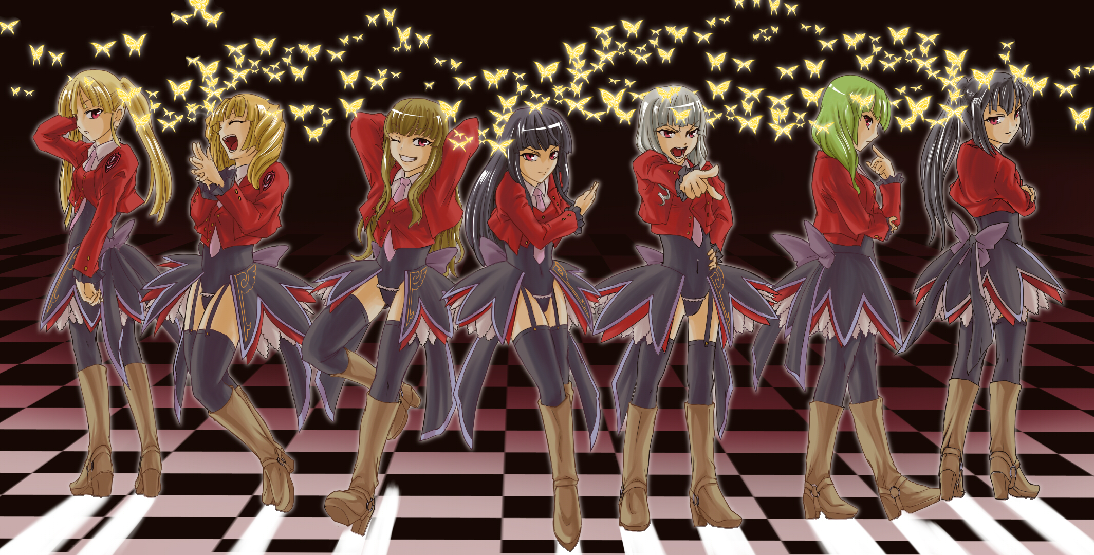 harnest, asmodeus (umineko), beelzebub (umineko), belphegor (umineko), leviathan (umineko), lucifer (umineko), mammon (umineko), satan (umineko), stakes of purgatory, umineko no naku koro ni, uniform, highres, 00s, 6+girls, black leotard, brown hair, full body, green hair, hair ornament, hairpin, leotard, long sleeves, looking at viewer, multiple girls, necktie, pink necktie, short hair, standing