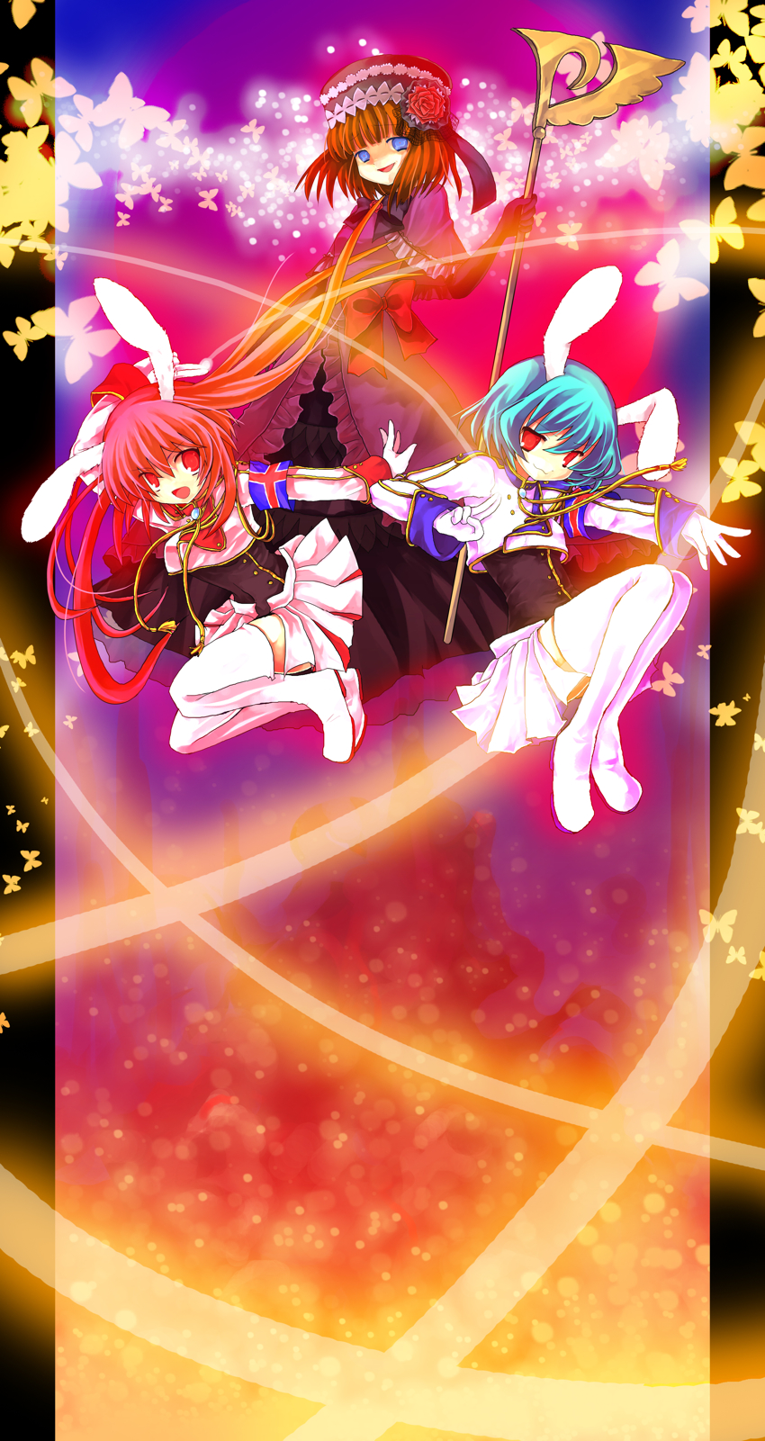 kazi, kz, chiester410, chiester45, chiester sisters, eva beatrice, umineko no naku koro ni, bad id, bad pixiv id, highres, 00s, 3girls, :3, animal ears, aqua hair, armband, blue eyes, boots, bow, brown hair, bug, butterfly, dress, elbow gloves, flower, gloves, hair flower, hair ornament, hat, insect, miniskirt, multiple girls, pink hair, rabbit ears, red eyes, rose, short hair, showgirl skirt, skirt, smile, staff, thigh boots, thighhighs, upskirt