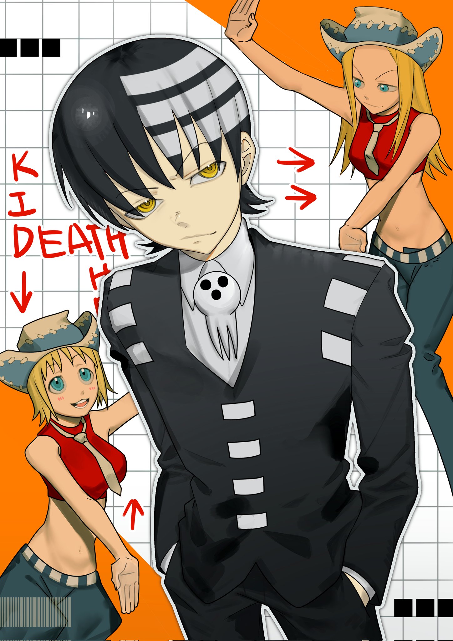 death the kid, elizabeth thompson, patricia thompson, soul eater, hashtag-only commentary, highres, 1boy, 2girls, black hair, black jacket, black pants, blonde hair, blue eyes, blue pants, catfish05, character name, closed mouth, cowboy hat, grid background, hands in pockets, hat, jacket, long hair, long sleeves, looking at viewer, multiple girls, necktie, open mouth, pants, short hair, siblings, simple background, sisters, skull brooch, smile, standing, striped hair, white background, white necktie, yellow eyes