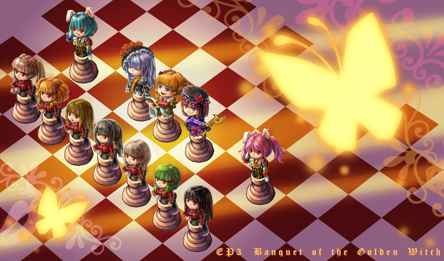 sail (artist), asmodeus (umineko), beatrice (umineko), beelzebub (umineko), belphegor (umineko), chiester410, chiester45, chiester sisters, eva beatrice, leviathan (umineko), lucifer (umineko), mammon (umineko), satan (umineko), stakes of purgatory, virgilia (umineko), umineko no naku koro ni, 00s, 6+girls, board game, bug, butterfly, chess, insect, multiple girls