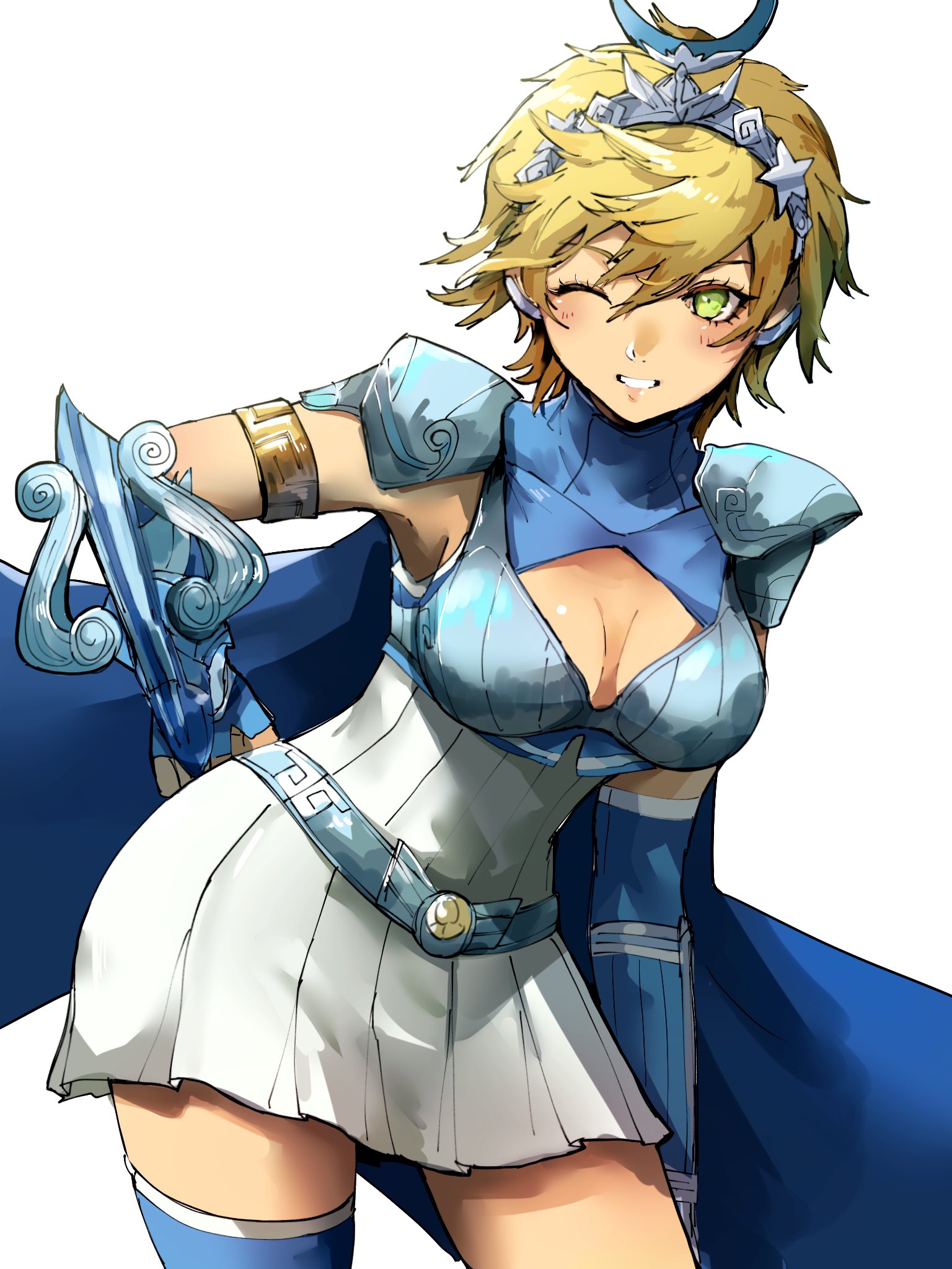 4me3ba niku, artemis (megami tensei), shin megami tensei, highres, 1girl, armor, blonde hair, blue cape, breasts, cape, cleavage cutout, clothing cutout, contrapposto, demon (megami tensei), eyelashes, green eyes, large breasts, one eye closed, pauldrons, short hair, shoulder armor, simple background, smile, solo, standing, tiara, white background