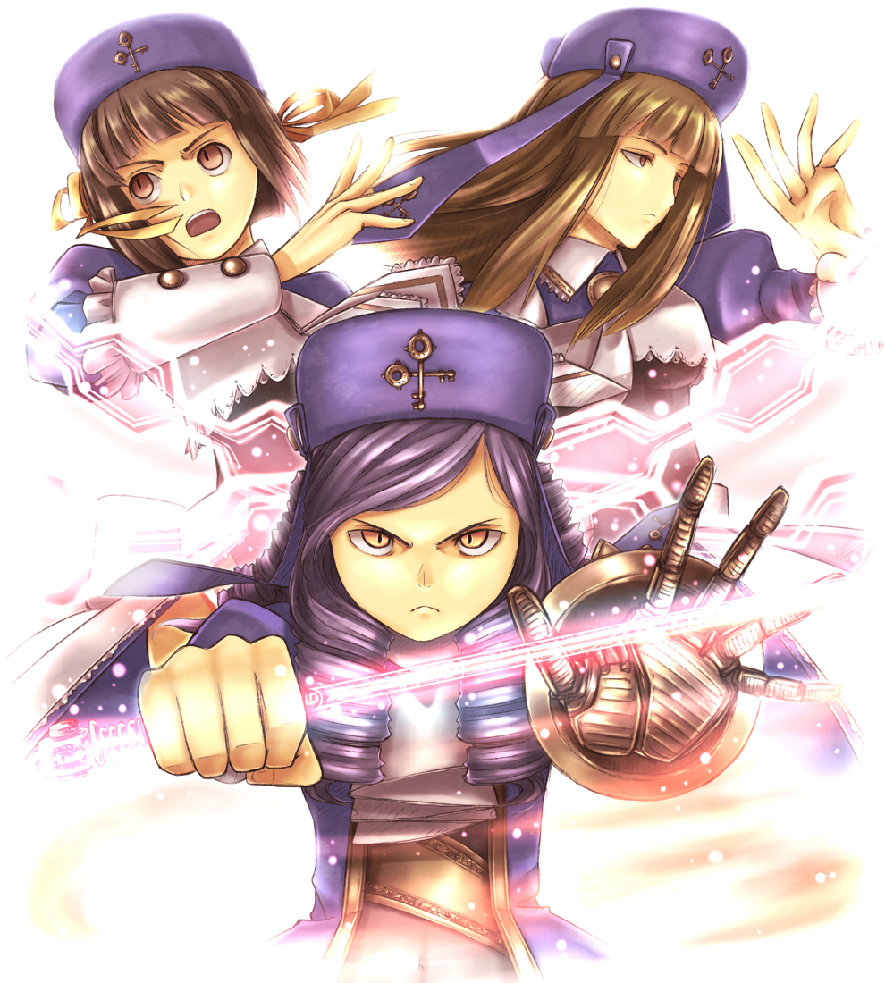 jailbird, cornelia (umineko), dlanor a. knox, eiserne jungfrau, gertrude (umineko), umineko no naku koro ni, 00s, 3girls, black hair, blunt bangs, brown eyes, brown hair, energy sword, hat, holding, holding sword, holding weapon, long sleeves, looking at viewer, multiple girls, simple background, sword, upper body, weapon, white background