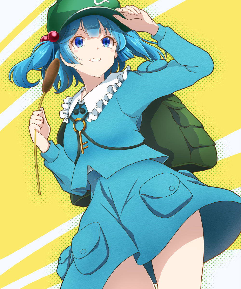 kisaragi koushi, kawashiro nitori, touhou, duplicate, highres, pixel-perfect duplicate, 1girl, :d, backpack, bag, blue eyes, blue hair, blue jacket, blue skirt, cattail, cowboy shot, diagonal-striped background, from below, green hat, hair bobbles, hair ornament, hand on headwear, hat, holding, holding plant, jacket, jewelry, key, key necklace, legs, long sleeves, looking ahead, necklace, open mouth, plant, pocket, shirt, skirt, smile, solo, striped background, white shirt, wind, wind lift, yellow background