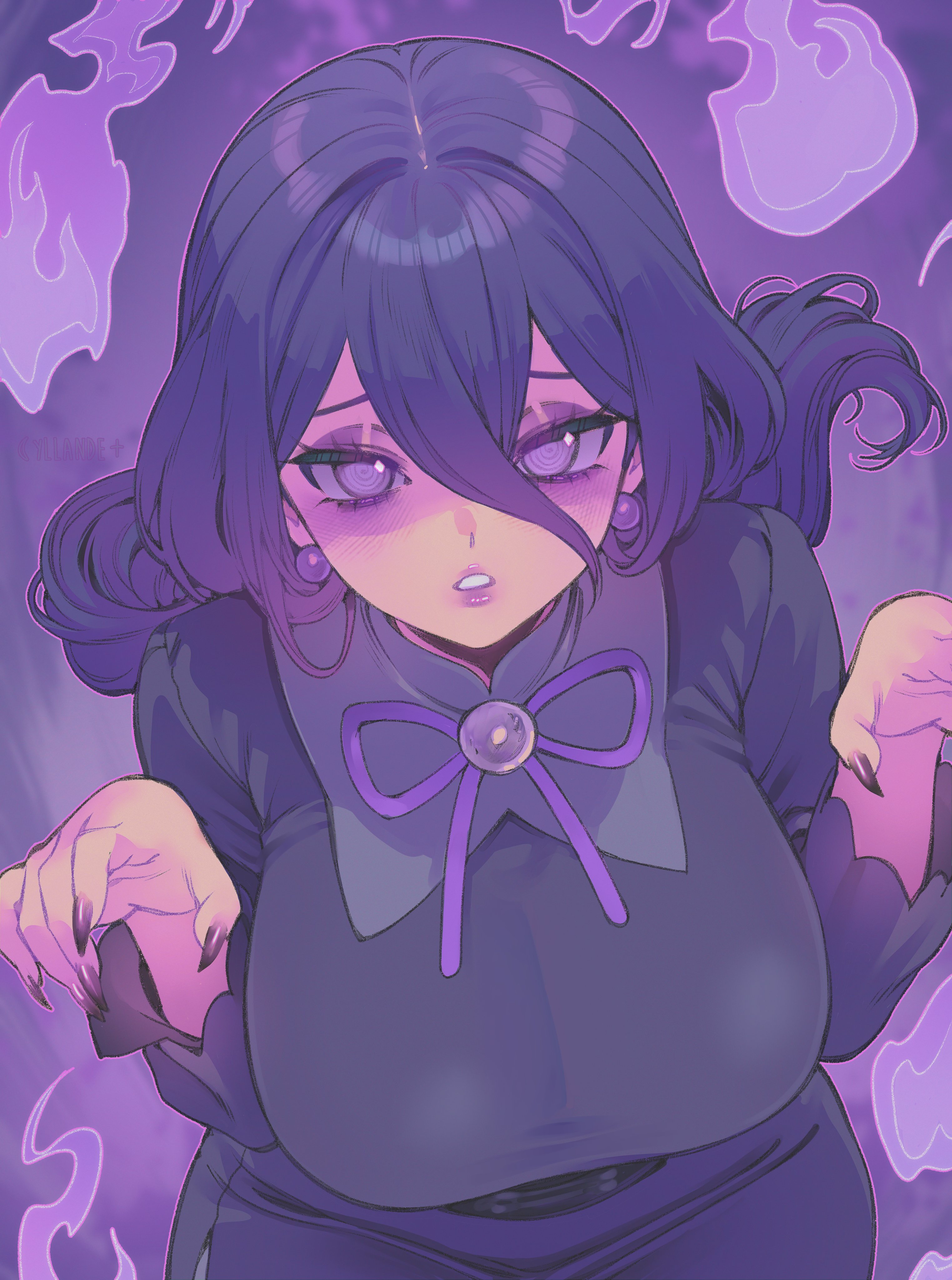yiiande, hex maniac (pokemon), hex maniac (pokemon legends: z-a), nintendo, pokemon, pokemon legends: z-a, absurdres, commentary, english commentary, highres, revision, 1girl, @ @, alternate breast size (larger), bags under eyes, black corset, black dress, black hair, breasts, corset, dress, earrings, hair between eyes, jewelry, large breasts, long hair, long sleeves, looking at viewer, neck ribbon, open mouth, parted lips, purple eyes, purple lips, purple nails, purple ribbon, ribbon, solo