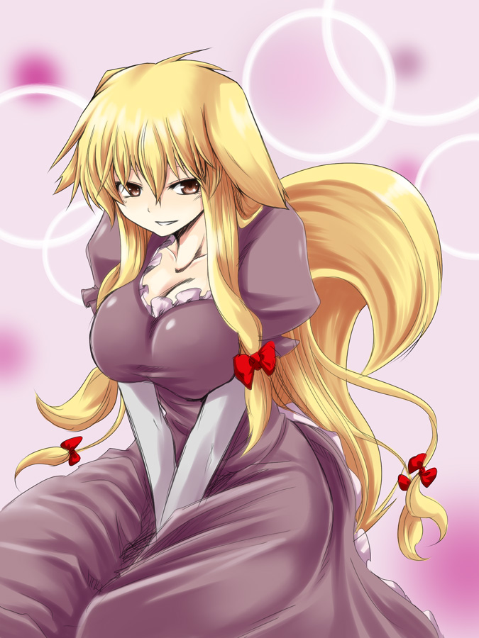 kuon846, kuon yashiro, yakumo yukari, touhou, 1girl, animal ears, between legs, blonde hair, bow, breast press, breasts, brown eyes, circle, cleavage, collarbone, dress, ears down, elbow gloves, female focus, fox ears, fox tail, frilled dress, frills, gloves, gradient background, hair bow, hair ribbon, hand between legs, large breasts, long hair, looking at viewer, multiple hair bows, neck, no headwear, puffy short sleeves, puffy sleeves, purple background, purple dress, ribbon, short sleeves, sitting, smile, solo, tail, taut clothes, taut dress, teeth, thighs, very long hair, white gloves, yellow eyes
