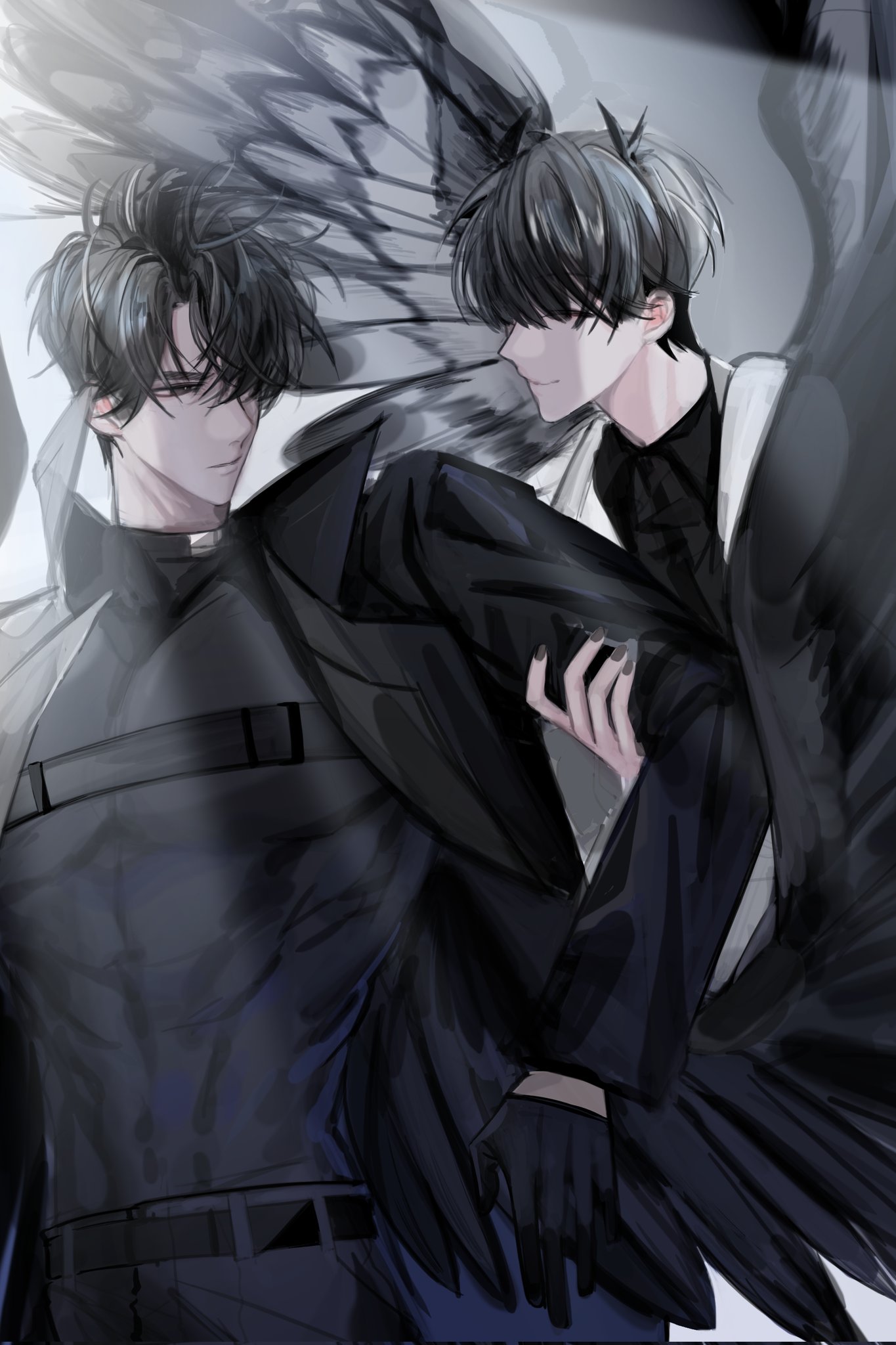 hayu beck, kim dokja, yoo joonghyuk, omniscient reader's viewpoint, highres, 2boys, abs, black coat, black gloves, black hair, black nails, black shirt, black wings, chest belt, coat, cowboy shot, feathered wings, gloves, grabbing another's arm, light rays, looking at another, male focus, multiple boys, narrowed eyes, official alternate costume, open clothes, open coat, popped collar, shirt, short hair, sidelighting, toned, toned male, white coat, wings