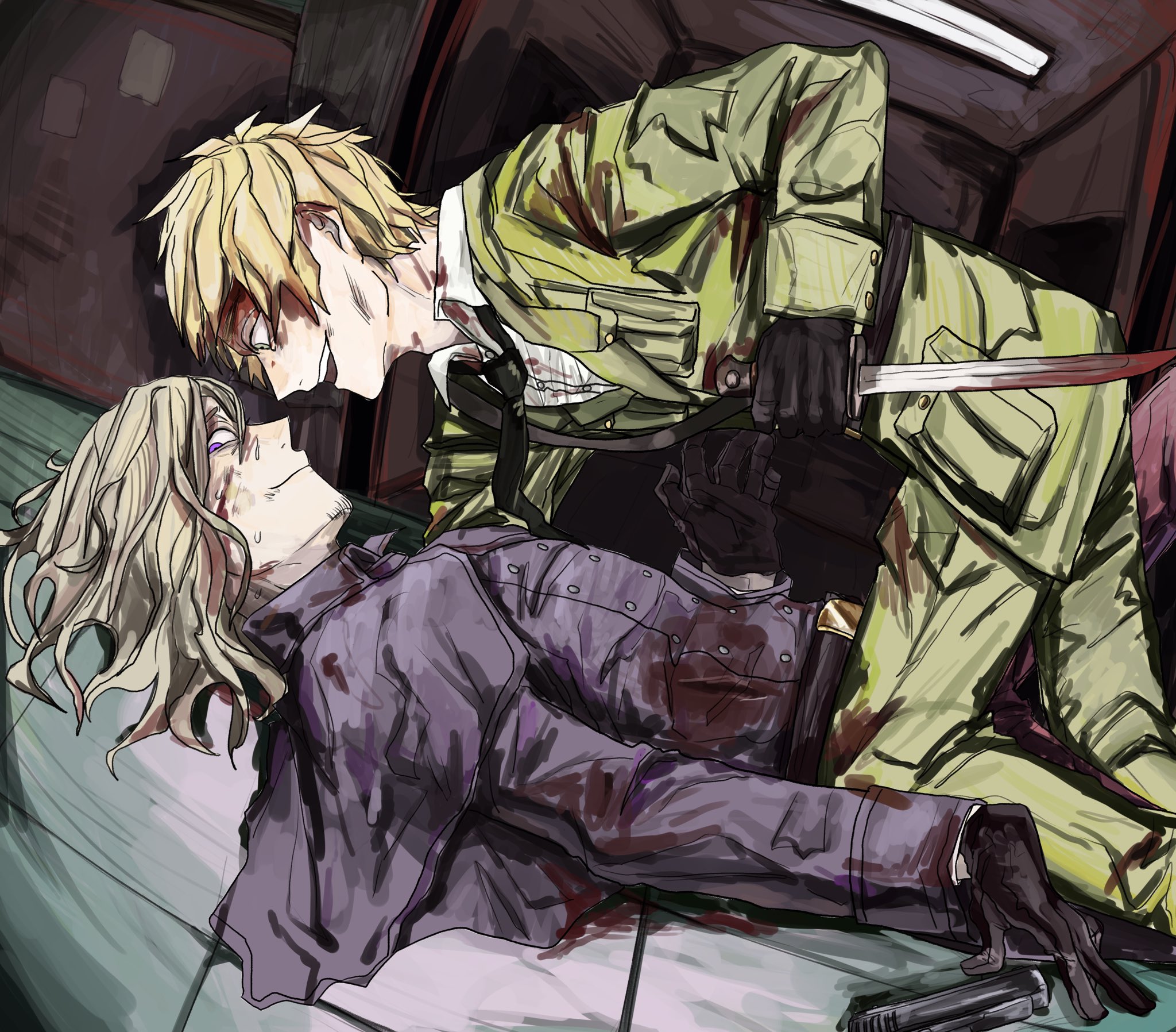 france (hetalia), united kingdom (hetalia), axis powers hetalia, highres, 2boys, belt, black belt, black gloves, black necktie, blonde hair, blood, blood in hair, blood on clothes, blood on face, bloody weapon, breast pocket, buttons, capelet, closed mouth, collared shirt, crazy, crazy eyes, crazy smile, dagger, feet out of frame, fighting, floor, gloves, green eyes, green jacket, green pants, hair between eyes, hand up, holding, holding dagger, holding knife, holding weapon, indoors, jacket, kiguchi05, knife, lamp, lapels, leather, leather gloves, long sleeves, looking at another, looking down, lying, male focus, military, military jacket, military uniform, multiple boys, necktie, nervous, nervous smile, nervous sweating, on back, open mouth, pants, pocket, purple capelet, purple eyes, purple jacket, red pants, shirt, short hair, smile, sweat, teeth, wavy hair, weapon, white shirt