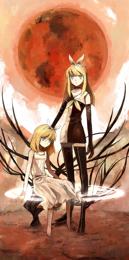 ahiru777, kagamine rin, kagamine rin (roshin yuukai), roshin yuukai (vocaloid), vocaloid, bad id, bad pixiv id, alternate hairstyle, aqua eyes, black thighhighs, blonde hair, dress, dual persona, elbow gloves, full moon, gloves, hair ribbon, long hair, moon, red moon, ribbon, sailor dress, short hair, sitting, thighhighs, time paradox, zettai ryouiki