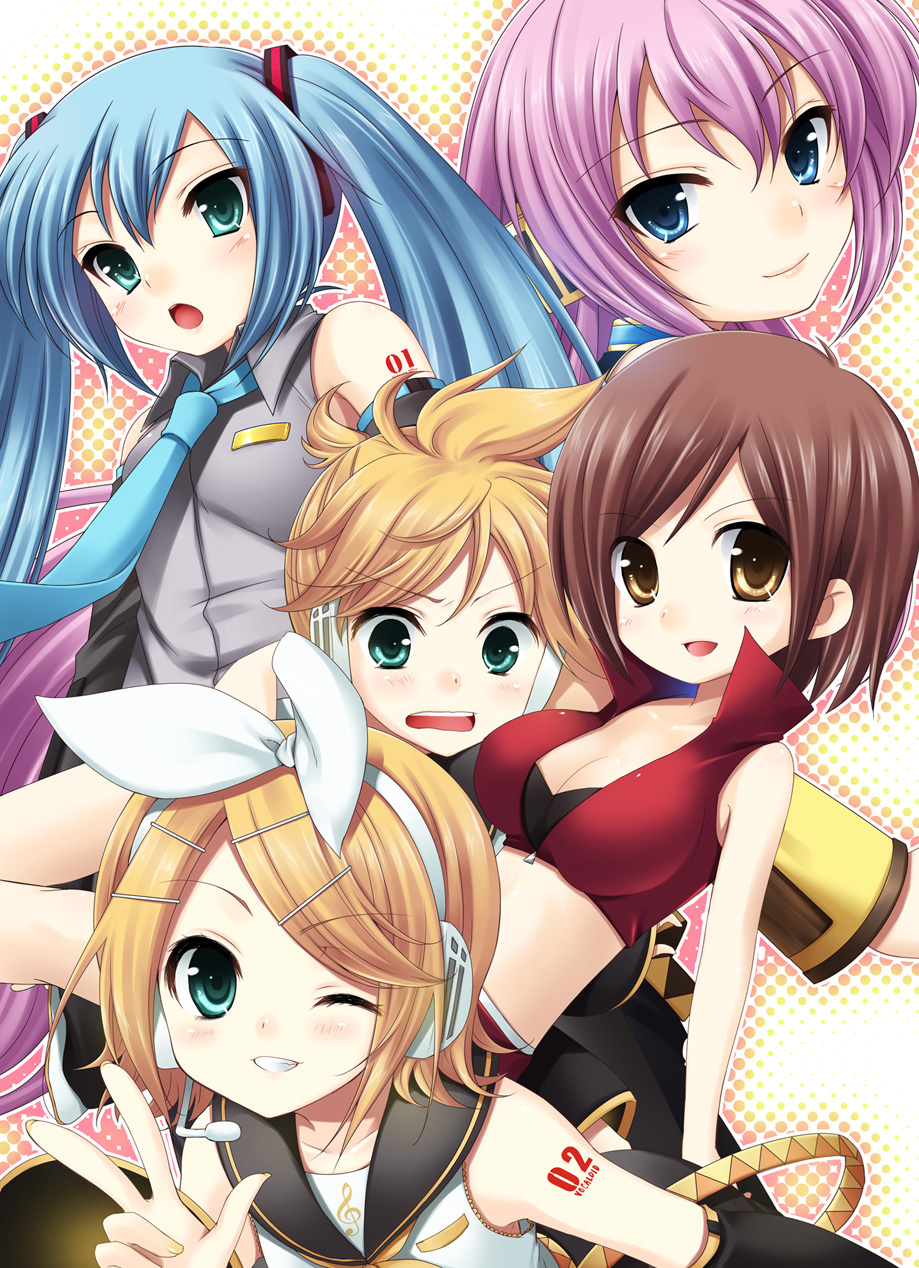 hazuki (etcxetc), hatsune miku, kagamine len, kagamine rin, megurine luka, meiko (vocaloid), vocaloid, highres, 1boy, 4girls, aqua eyes, aqua hair, blonde hair, blue eyes, breasts, brown eyes, brown hair, cleavage, detached sleeves, hair ornament, hair ribbon, hairclip, headphones, headset, long hair, midriff, multiple girls, one eye closed, pink hair, ribbon, short hair, siblings, smile, twins, twintails, v, wink