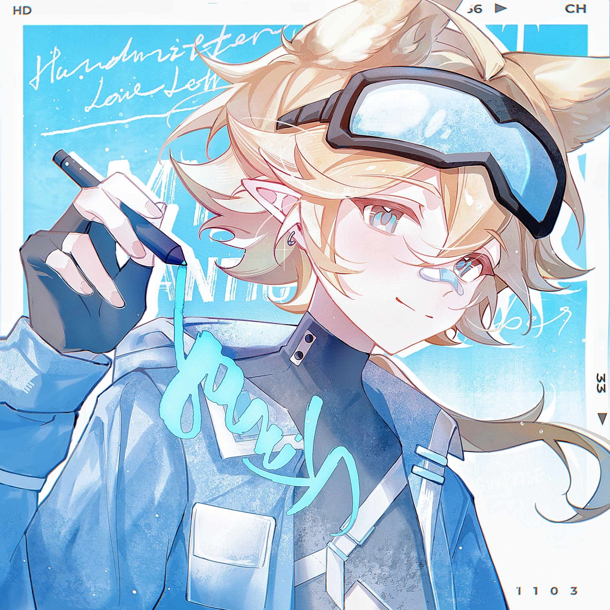 king (aotu world), aotu world, chinese commentary, highres, 1boy, ahoge, alternate costume, alternate hair length, alternate hairstyle, animal ears, bandaid, bandaid on face, bandaid on nose, belt, bishounen, black gloves, black shirt, blonde hair, blue background, blue eyes, blue jacket, blush, chest belt, closed mouth, earrings, english text, extra ears, fingerless gloves, fox boy, fox ears, gloves, goggles, goggles on head, hair between eyes, hand up, holding, holding pen, hongyeshiliu, jacket, jewelry, long hair, long sleeves, looking at viewer, low ponytail, male focus, open clothes, open jacket, pen, pointy ears, ponytail, shirt, short hair, smile, solo, turtleneck, upper body, white belt, writing