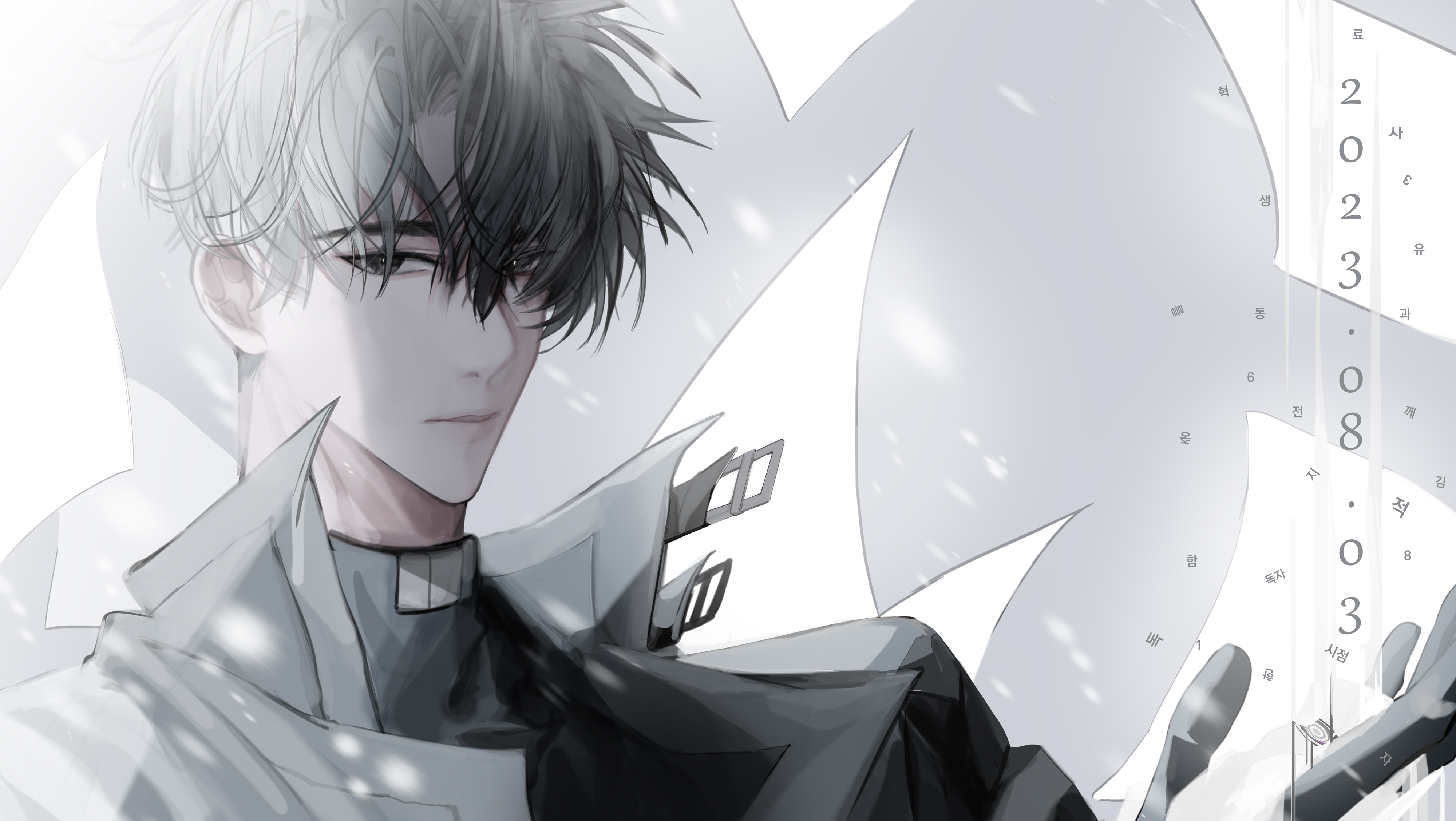 hayu beck, yoo joonghyuk, omniscient reader's viewpoint, absurdres, highres, 1boy, belt collar, black coat, black eyes, black gloves, black hair, black shirt, coat, collar, curtained hair, expressionless, gloves, hand up, looking at viewer, male focus, open clothes, open coat, outstretched hand, popped collar, portrait, shirt, short hair, sidelighting, solo