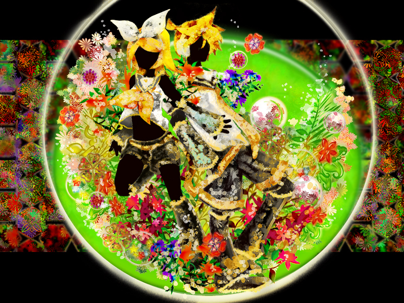 kyou., kagamine len, kagamine rin, vocaloid, 1boy, 1girl, blonde hair, brother and sister, colorful, flower, hair ribbon, headphones, ribbon, short hair, shorts, siblings, silhouette, twins