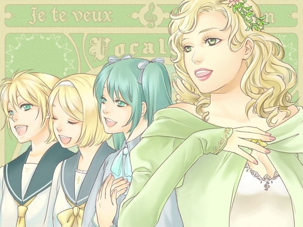 katsukumi, hatsune miku, kagamine len, kagamine rin, sweet ann, vocaloid, bad id, bad piapro id, aqua eyes, aqua hair, blonde hair, flower, green eyes, hair ribbon, hairband, long hair, open mouth, ribbon, short hair, siblings, smile, twins, twintails