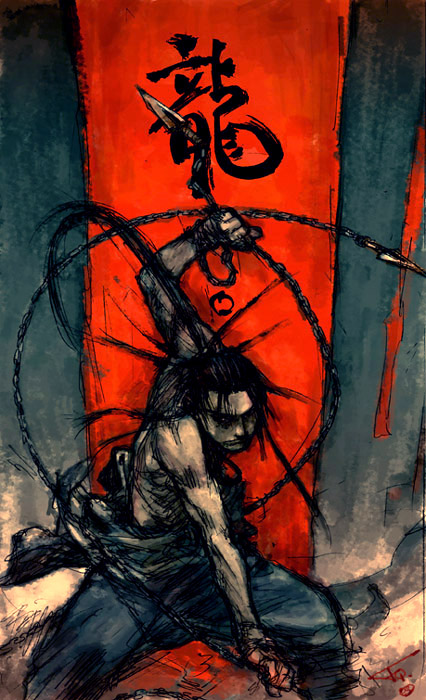 fcp, original, commentary, 1boy, banner, black hair, chain, fighting stance, kunai, male focus, solo, topless male, weapon