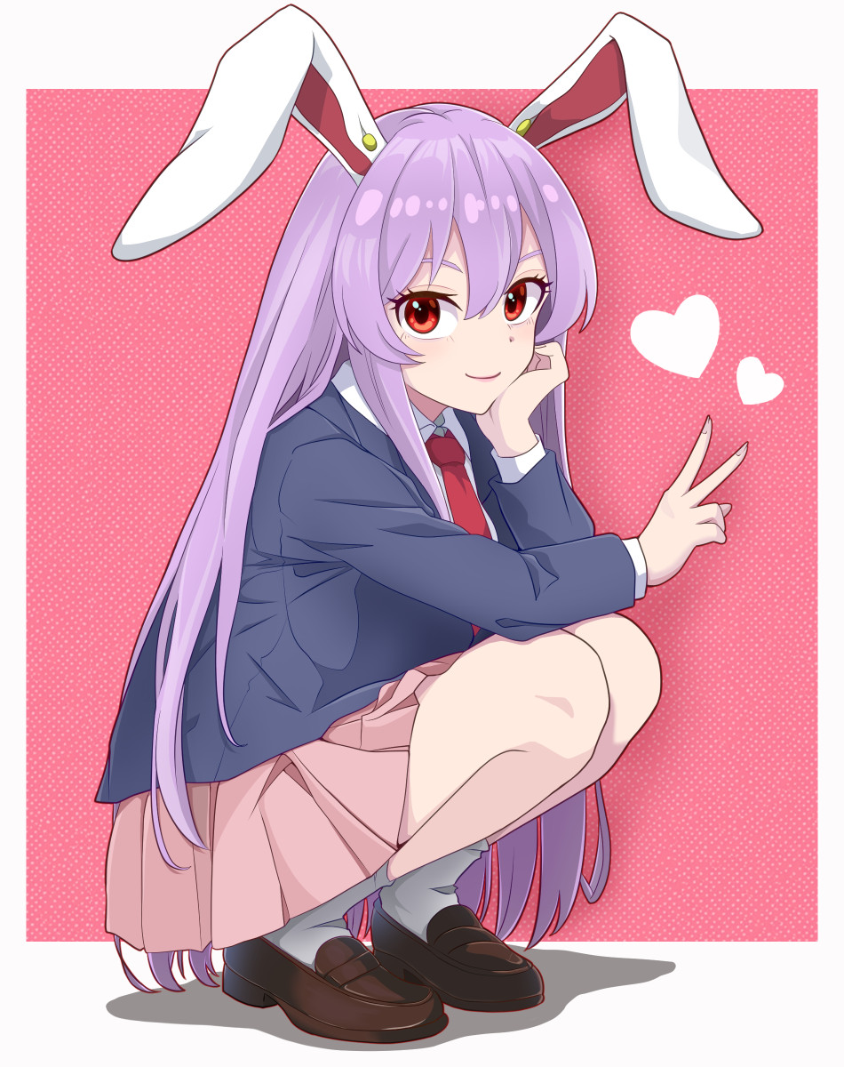 kisaragi koushi, reisen udongein inaba, touhou, commentary request, duplicate, highres, pixel-perfect duplicate, 1girl, animal ears, blazer, blue jacket, doyagao, full body, hand up, heart, jacket, long hair, looking at viewer, necktie, pink skirt, purple hair, rabbit ears, red background, red eyes, shadow, simple background, skirt, smug, solo, squatting, v, very long hair