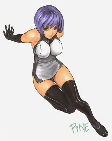 jayun, original, commentary, 1girl, arm support, arms behind back, bare shoulders, black eyes, black thighhighs, blue hair, bodysuit, breasts, cleavage, elbow gloves, female focus, from above, full body, gloves, large breasts, short hair, simple background, sitting, solo, thighhighs, white background, zettai ryouiki