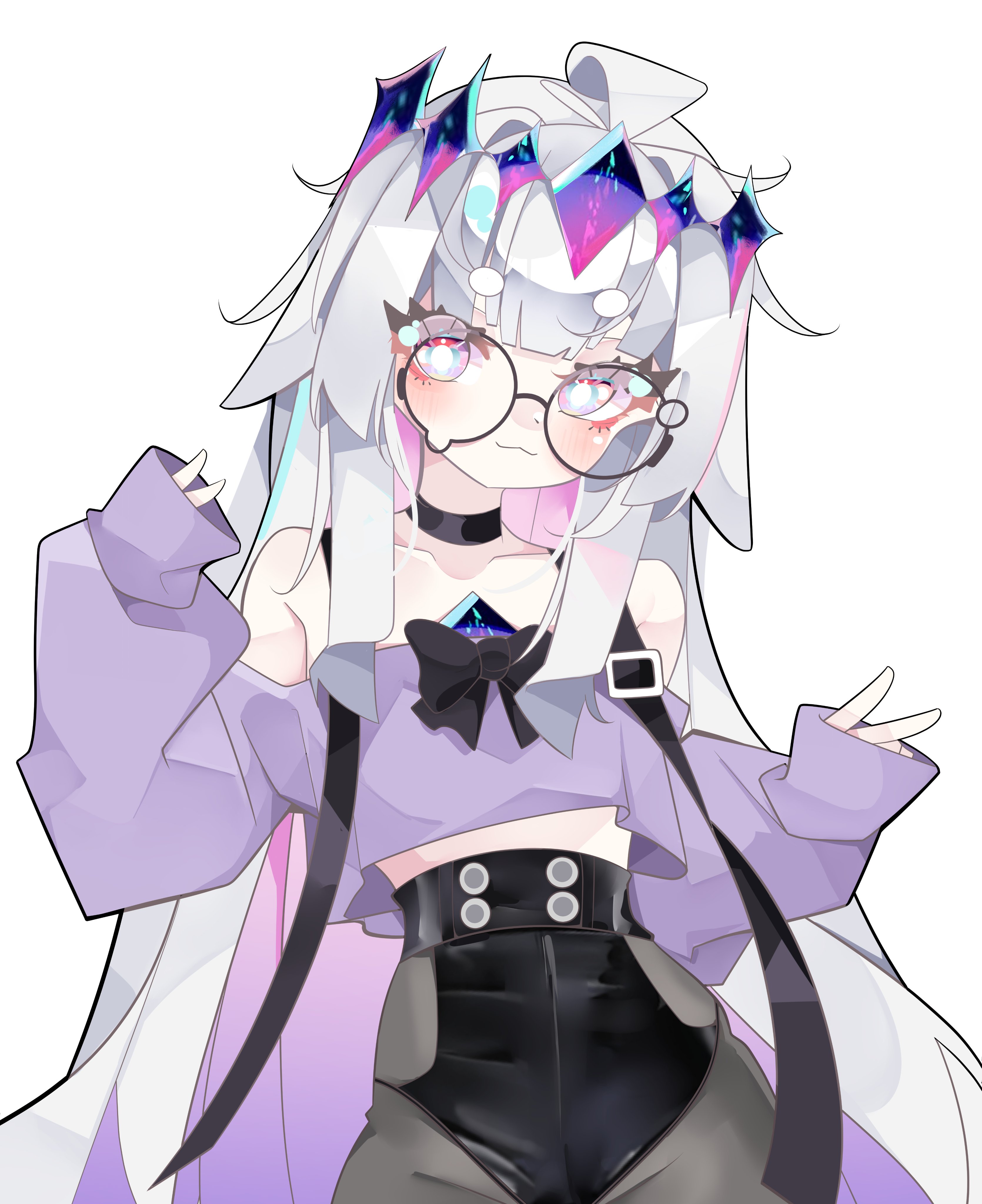 berrychan00, koseki bijou, hololive, hololive english, absurdres, commentary, english commentary, highres, 1girl, :3, ahoge, alternate costume, bare shoulders, black-framed eyewear, black bow, black choker, black shorts, blush, bow, bright pupils, chest jewel, choker, closed mouth, colored inner hair, cropped sweater, double v, flat chest, glasses, grey hair, headpiece, high-waist shorts, long hair, long sleeves, looking at viewer, multicolored hair, off-shoulder sweater, off shoulder, purple eyes, purple hair, purple sweater, round eyewear, shorts, simple background, sleeves past wrists, smile, solo, sweater, teardrop-framed glasses, two-tone hair, upper body, v, very long hair, virtual youtuber, white background, white pupils