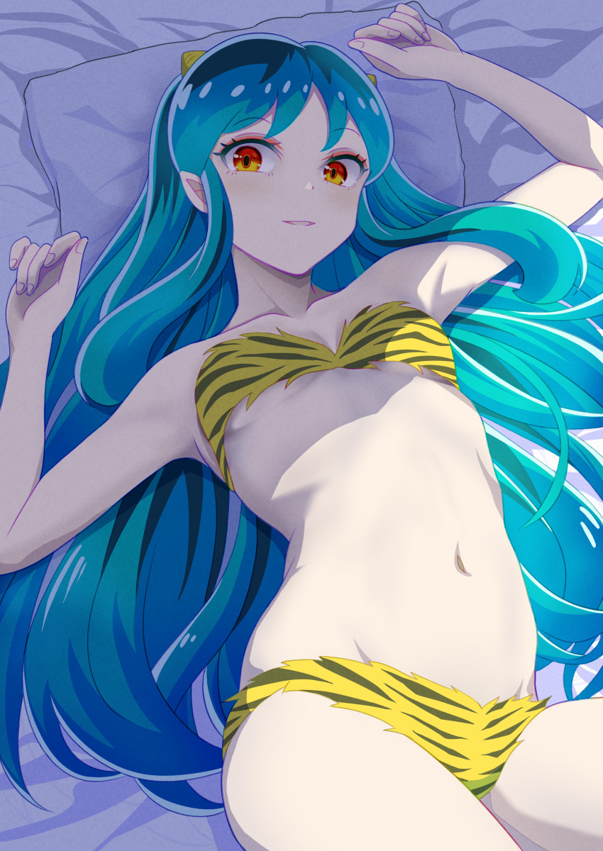 kisaragi koushi, lum, urusei yatsura, commentary request, duplicate, highres, pixel-perfect duplicate, 1girl, animal print, bikini, breasts, cone horns, green hair, groin, horns, long hair, looking at viewer, lying, navel, on back, orange eyes, pointy ears, retro artstyle, small breasts, small horns, solo, strapless, strapless bikini, striped horns, swimsuit, takahashi rumiko (style), tiger panties, tiger print, upper body, very long hair, yellow bikini, yellow horns