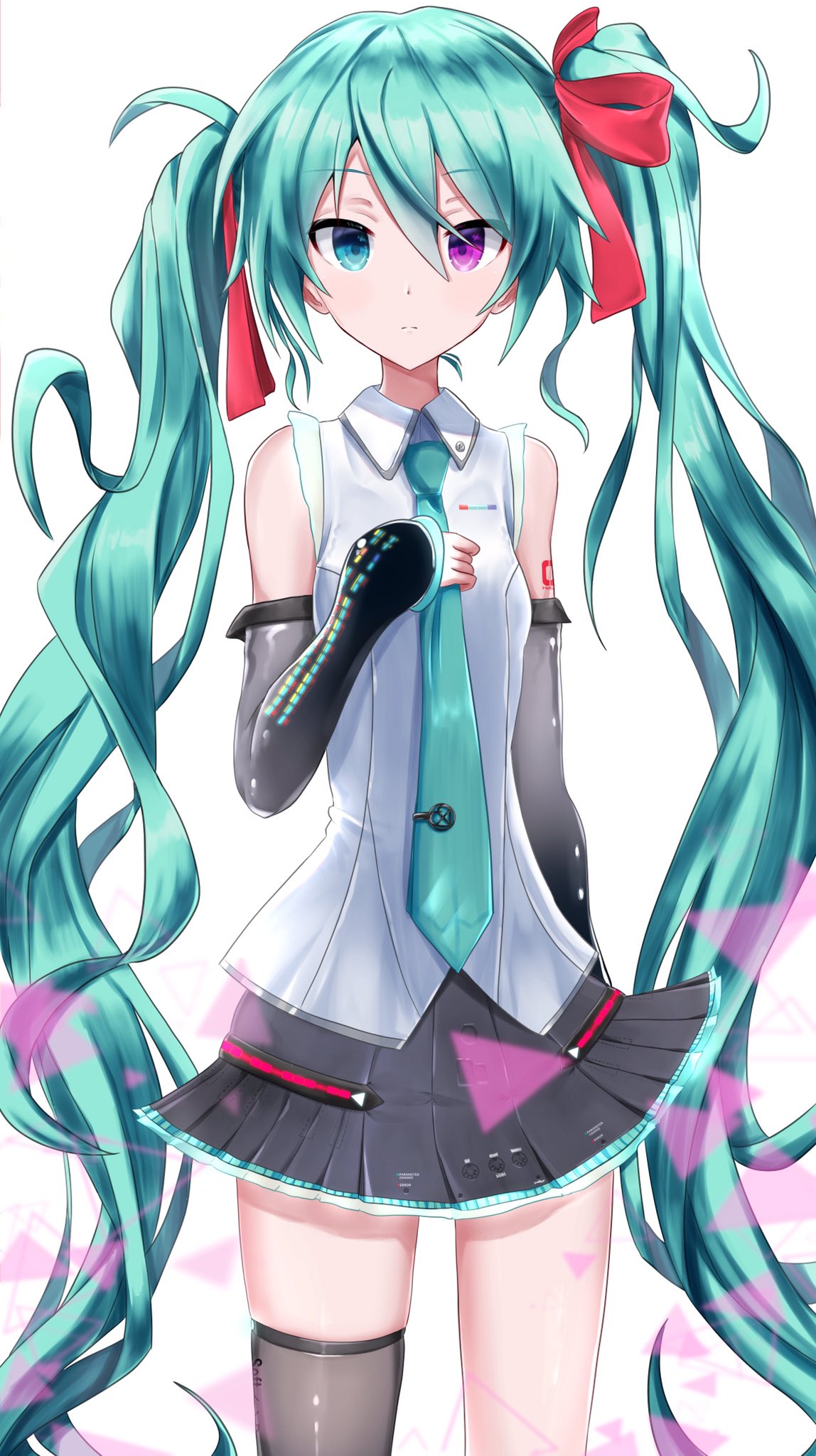 itogari, 25-ji miku, hatsune miku, hatsune miku (vocaloid4), project sekai, vocaloid, commentary, highres, 1girl, alternate hairstyle, aqua eyes, aqua hair, aqua necktie, arm tattoo, bare shoulders, black skirt, black sleeves, black thighhighs, cosplay, cowboy shot, detached sleeves, earrings, hair between eyes, hair ornament, hair ribbon, hand on own chest, hatsune miku (cosplay), heterochromia, jewelry, long hair, looking at viewer, miniskirt, necktie, pleated skirt, purple eyes, ribbon, self cosplay, shirt, single thighhigh, skinny, skirt, sleeveless, sleeveless shirt, smile, solo, tattoo, thighhighs, twintails, v4x, very long hair, white background, white shirt, zettai ryouiki