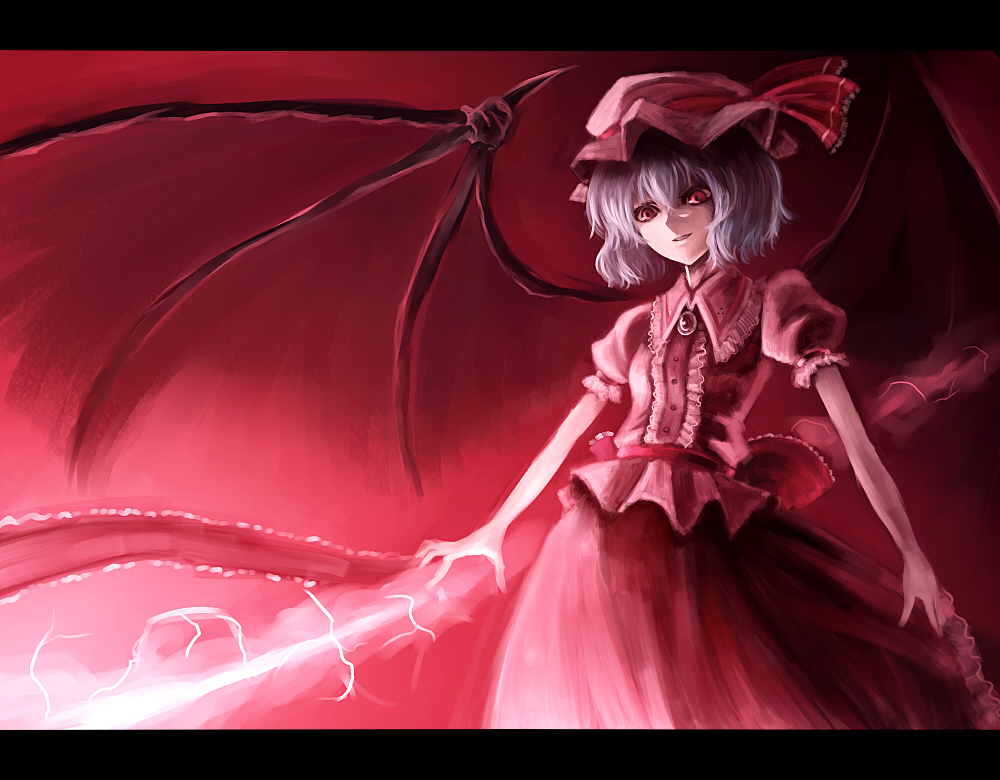 parsley-f, remilia scarlet, touhou, bad id, bad pixiv id, 1girl, bat wings, blue hair, female focus, hat, letterboxed, red eyes, short hair, solo, wings