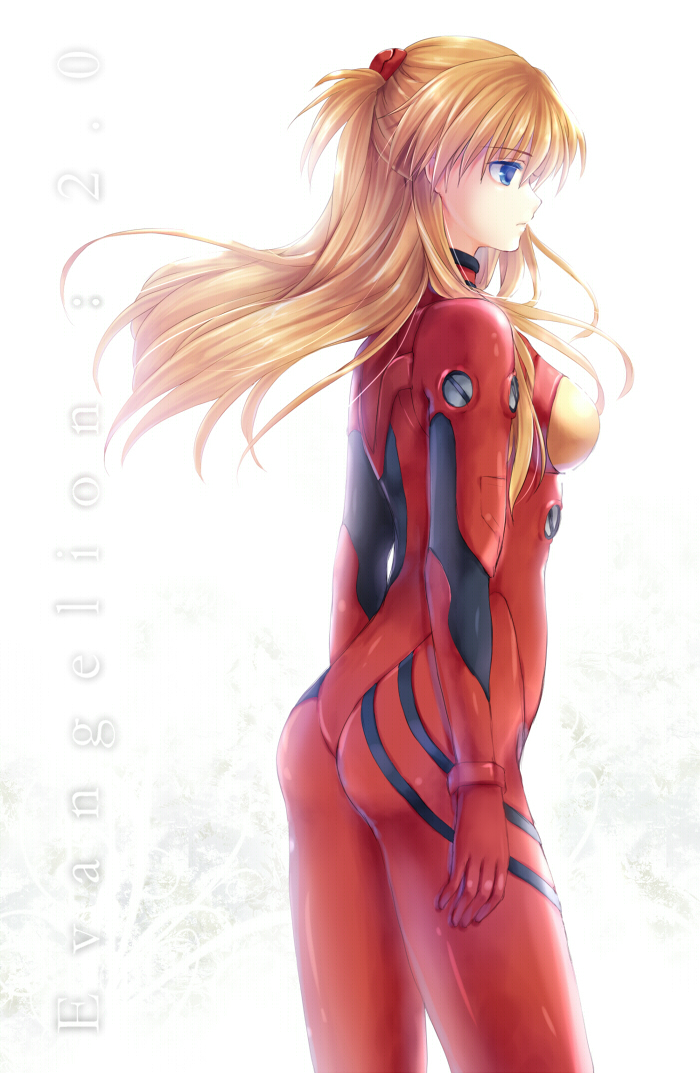 hagiwara rin, souryuu asuka langley, evangelion: 2.0 you can (not) advance, neon genesis evangelion, rebuild of evangelion, alternate breast size, bad id, bad pixiv id, 00s, 1girl, arms at sides, ass, backlighting, blonde hair, blue eyes, bodysuit, bracer, breasts, closed mouth, colored eyelashes, copyright name, cowboy shot, expressionless, eyebrows hidden by hair, eyes visible through hair, female focus, floating hair, from side, gloves, hair between eyes, hair ornament, long hair, looking to the side, mecha pilot suit, medium breasts, orange hair, plugsuit (evangelion), profile, red bodysuit, short hair, skin tight, solo, turtleneck, two side up
